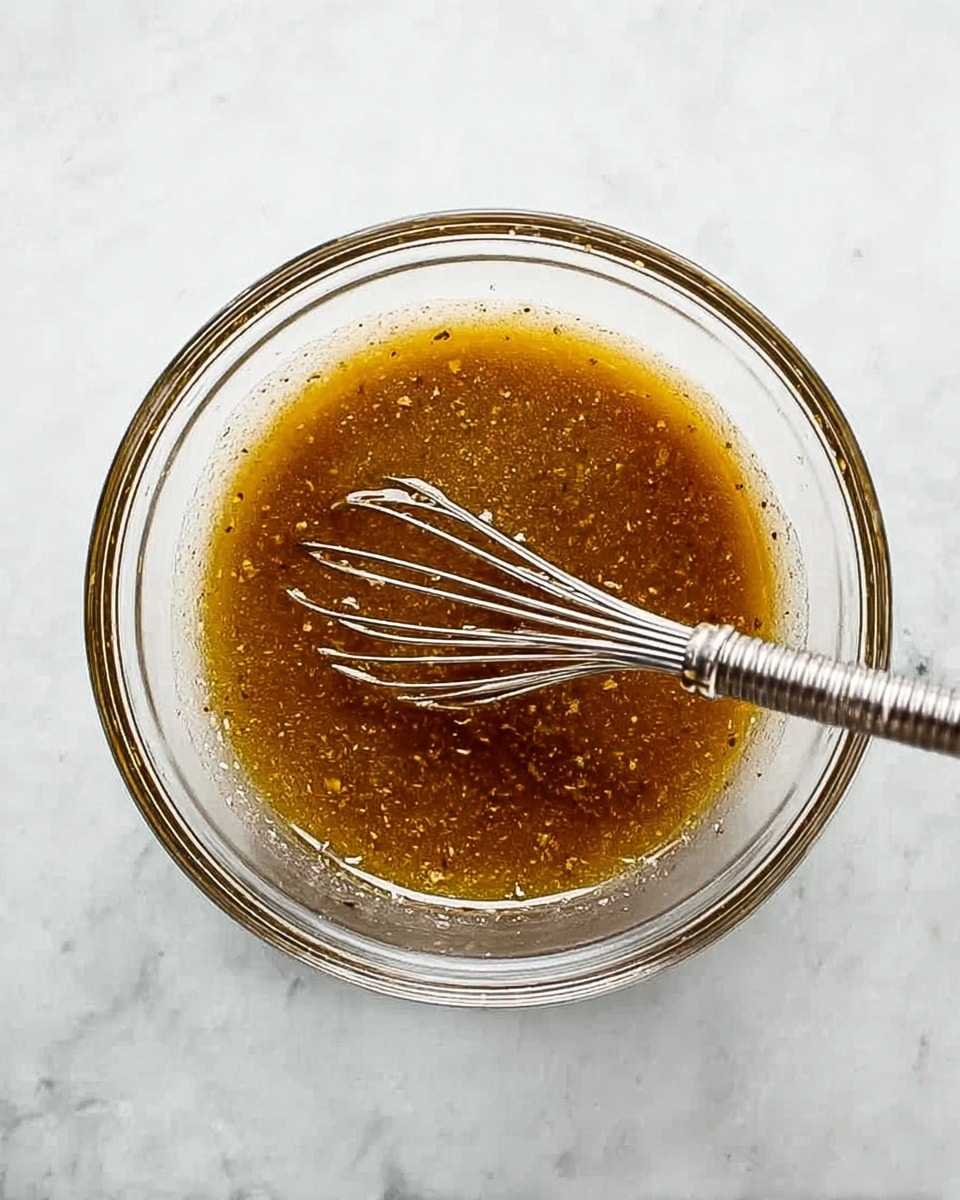 A clear glass bowl sits on a white marbled surface, filled with a brown, oily liquid with small bits mixed throughout. A silver whisk rests inside the bowl, partially submerged in the sauce-like mixture. The liquid has a shiny, smooth texture with a few specks of spices or herbs floating within it. The overall color is warm brown with golden highlights and a slight reflection on the surface. Photo taken with an iphone --ar 4:5 --v 7
