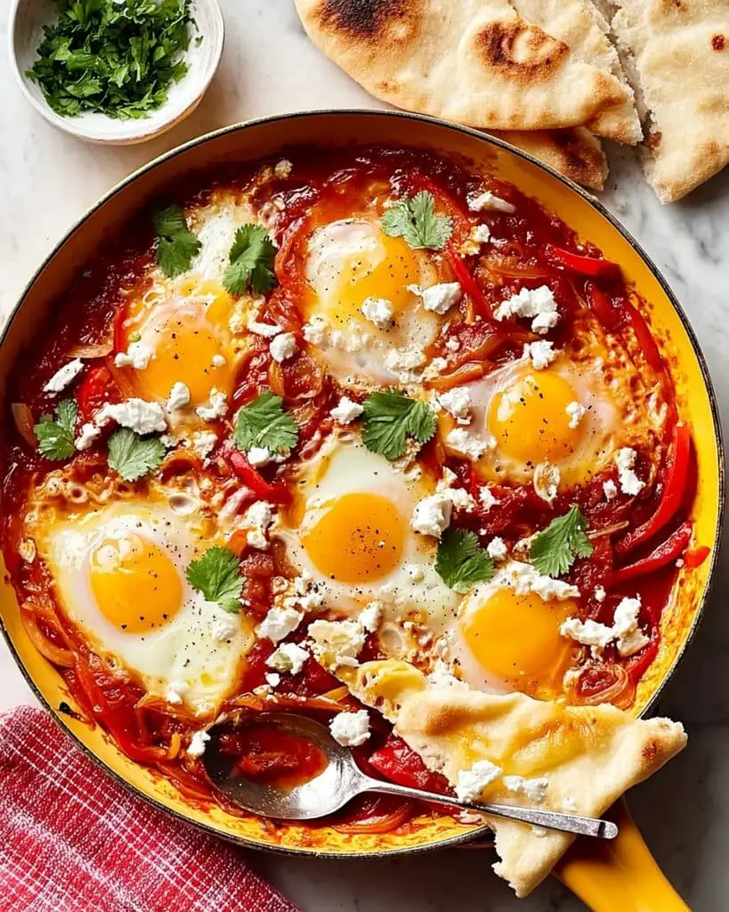 Shakshuka with Red Bell Peppers, Feta, and Cilantro Recipe