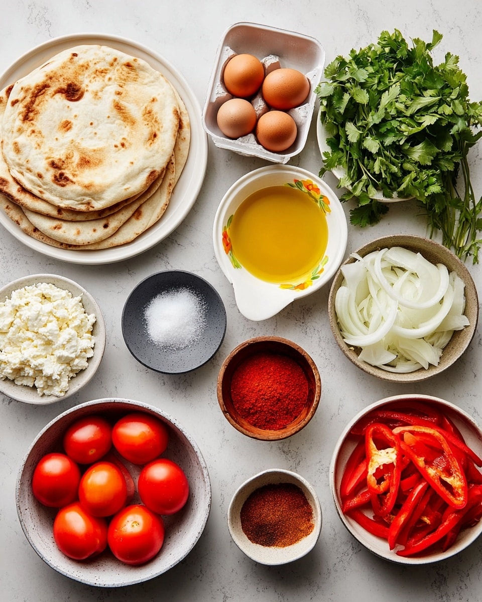 The image shows various cooking ingredients arranged neatly on a white marbled surface. There is a white bowl with whole peeled tomatoes that are bright red and smooth, a white bowl with golden olive oil that shines under the light, and a white tray holding six brown eggs. A small wooden bowl contains ground black pepper, next to a gray bowl filled with salt. A gray bowl holds white, crumbly cheese, and fresh green cilantro lies on the surface beside it. A white bowl with a yellow floral rim contains thin white onion slices, and a brown bowl is full of bright red sliced bell peppers. Several small white bowls hold vibrant red paprika, reddish-brown chili powder, and brown cumin powder. On the left side, there is a white plate with three lightly toasted flatbreads stacked on top of each other. photo taken with an iphone --ar 4:5 --v 7