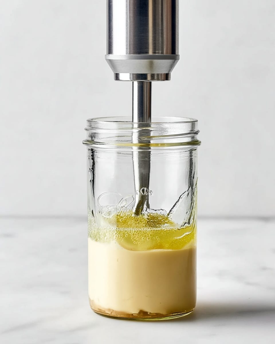 A clear glass jar sits on a white marbled surface filled with two layers of food ingredients: a thick pale yellow creamy layer at the bottom, topped with a lighter golden liquid layer with bubbles forming along the edges. A silver immersion blender is inserted into the jar, partly blending the contents, creating a visible swirling texture where the two layers mix near the blender head. The background is plain and white, keeping the focus on the jar and blender. photo taken with an iphone --ar 4:5 --v 7