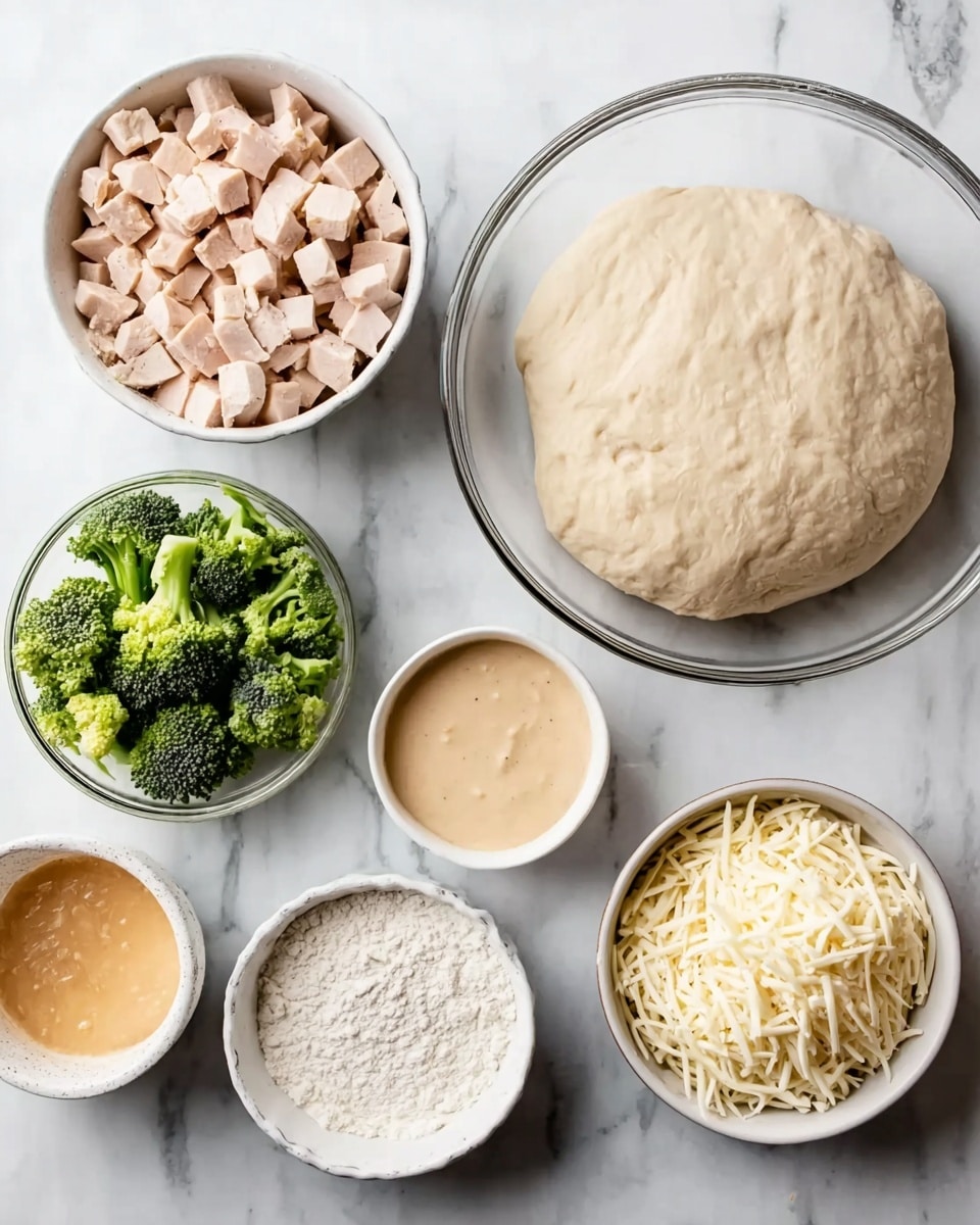 The image shows six bowls on a white marbled surface. In the top left, there is a bowl filled with small, light pink cubed pieces of cooked chicken. To the right of it is a large clear glass bowl holding smooth, round, beige dough. Below the dough, on the right side, is a small white bowl with a creamy, light tan sauce. On the bottom left is a small white bowl containing bright green broccoli florets. Next to it, toward the middle, is a bowl with shredded white cheese. Above the cheese is a small white bowl filled with a frothy, light orange mixture. Lastly, to the left of the orange mixture is a small white bowl of white flour. photo taken with an iphone --ar 4:5 --v 7