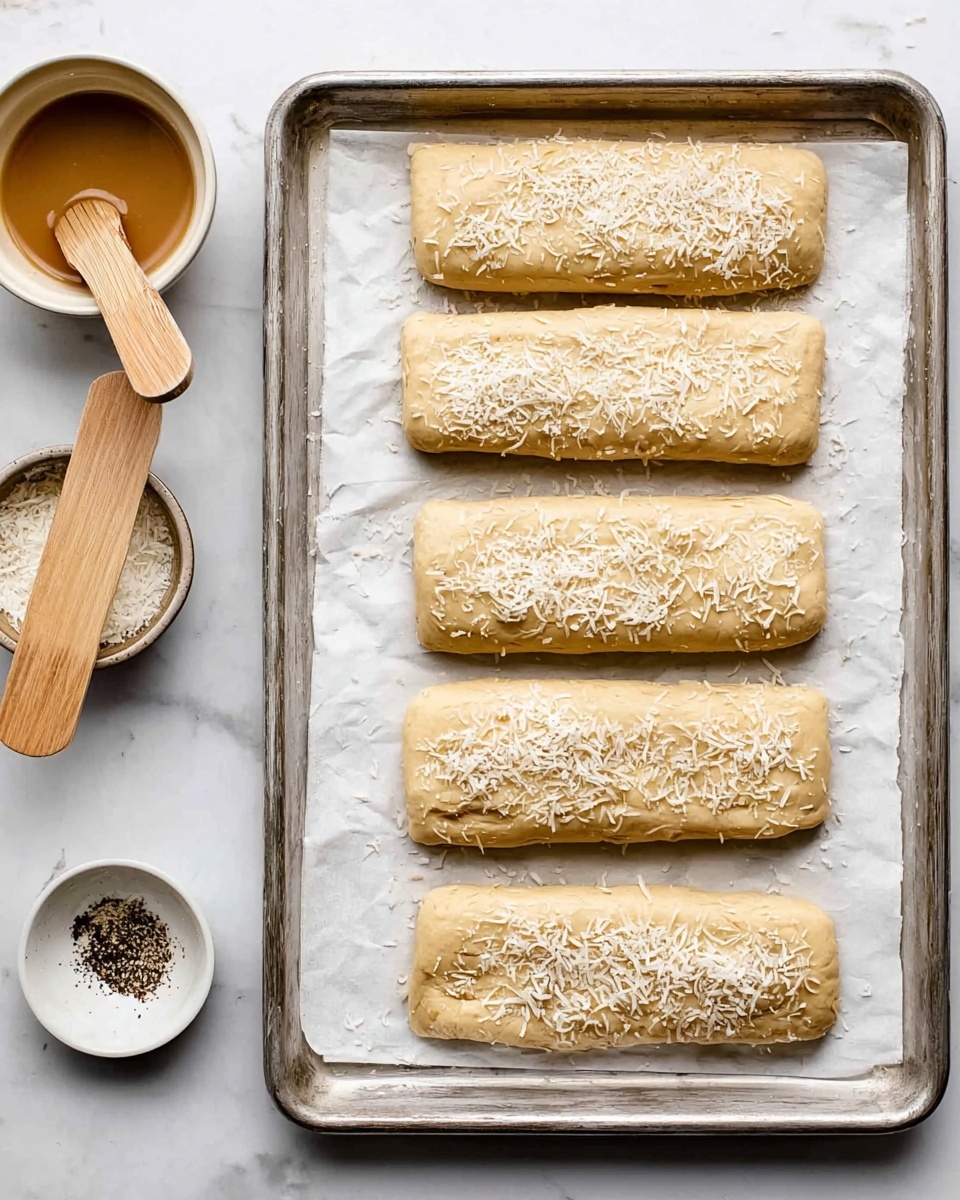 The image shows six uncooked rectangular dough pieces evenly spaced on a silver baking tray lined with white parchment paper. Each dough piece is pale beige and topped with a light sprinkle of shredded white coconut. The tray rests on a white marbled surface. To the left of the tray, a small wooden brush sits in a bowl with light brown liquid, and next to it is a small white bowl with dark specks inside. The overall scene looks clean and ready for baking. Photo taken with an iphone --ar 4:5 --v 7
