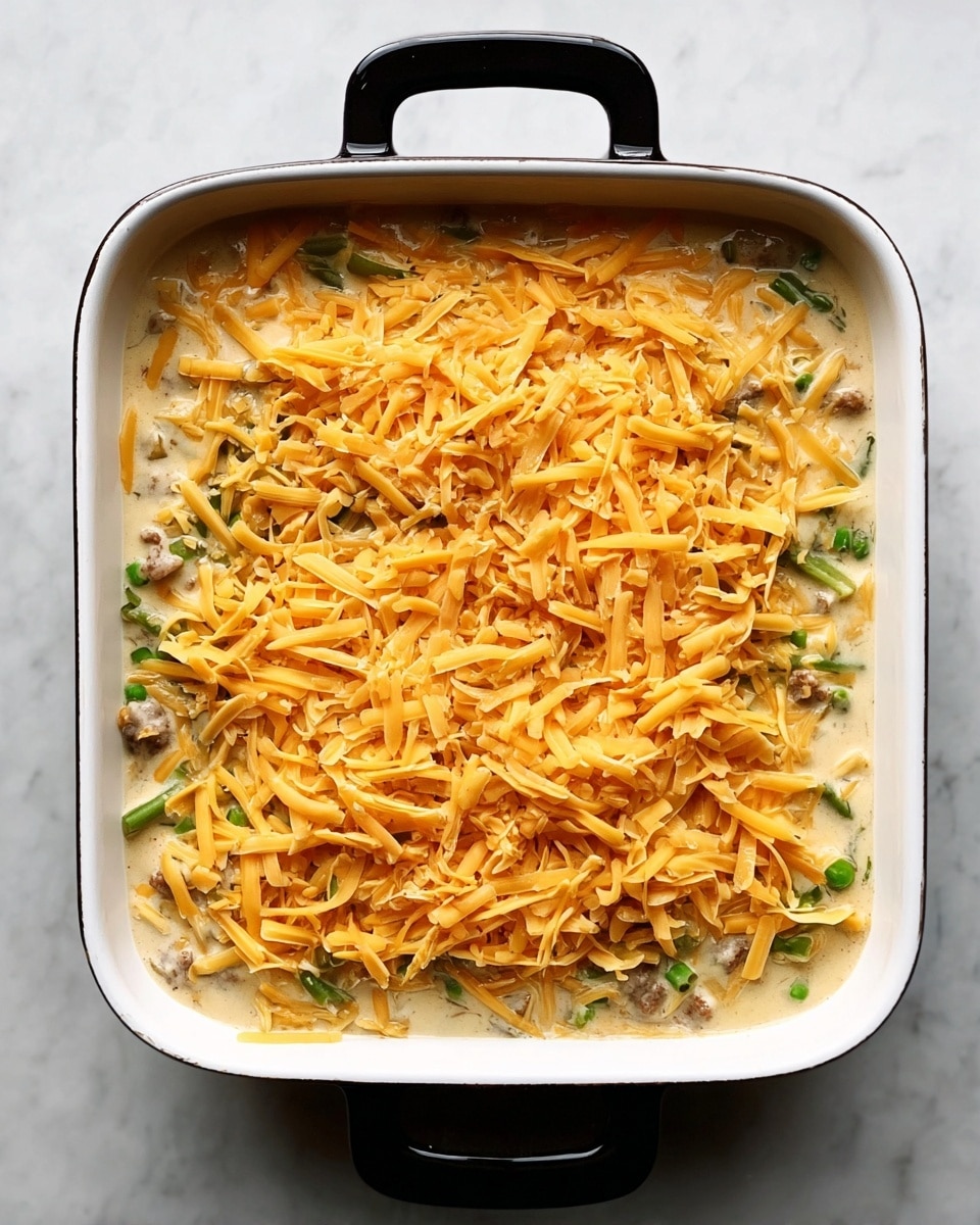 A white rectangular baking dish filled with a golden-brown baked casserole, cut into nine square pieces. The top layer is melted cheddar cheese with small bits of cooked sausage and sprinkled with chopped green onions. One square piece is placed on a small white plate with a silver fork beside it, showing the creamy fill with visible sausage chunks and cheese layers. The dish sits on a white marbled surface with three empty white plates stacked nearby. photo taken with an iphone --ar 4:5 --v 7