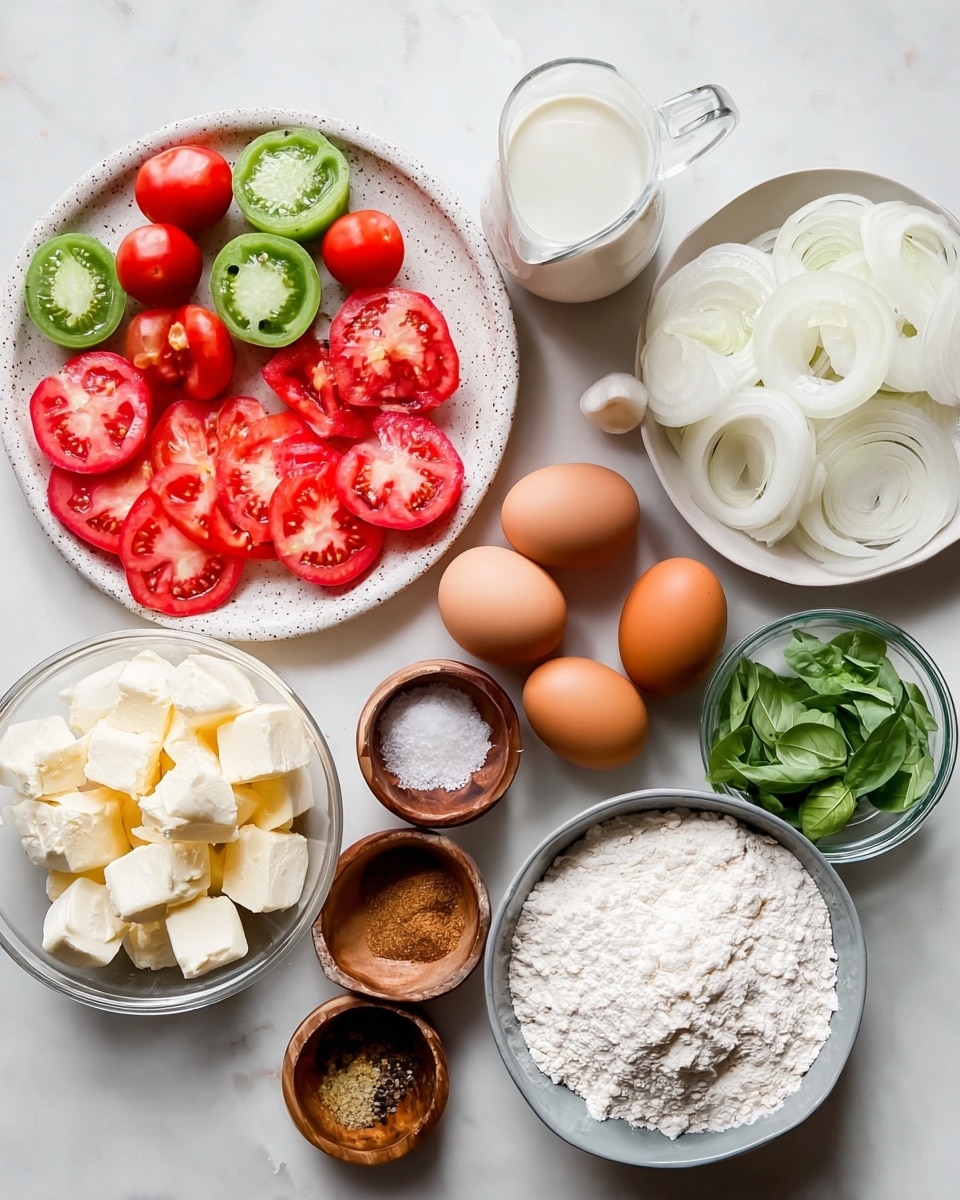 The image shows various cooking ingredients arranged neatly on a white marbled surface. On the left, a white speckled plate holds sliced red and green tomatoes and small halved cherry tomatoes. Next to the plate, there are chunks of hard cheese and garlic cloves. Toward the center, a clear glass bowl contains small white butter cubes, surrounded by brown eggs and a white pitcher filled with milk. Small wooden bowls hold brown sugar, minced garlic, and a mix of salt and pepper. On the right side, a white bowl contains thinly sliced onions, and fresh green basil leaves are placed nearby. A gray bowl at the bottom right is filled with white flour. Photo taken with an iphone --ar 4:5 --v 7