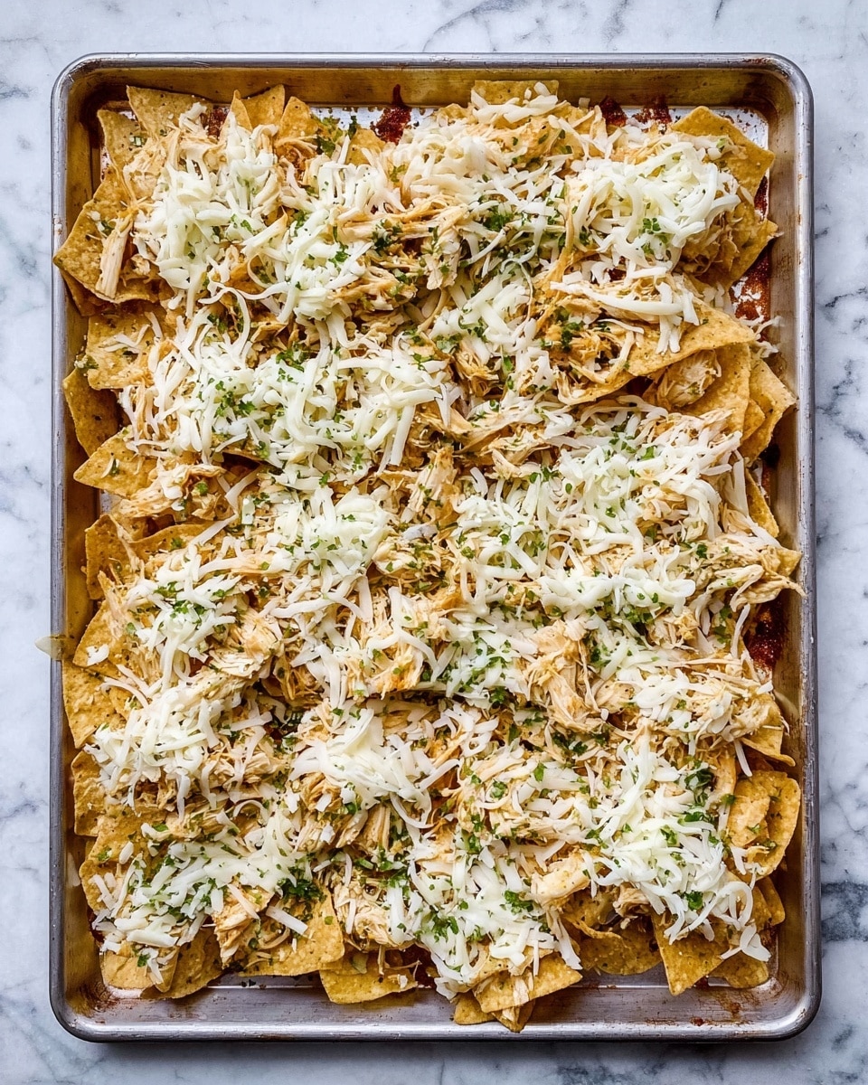 A tray filled with one layer of crispy tortilla chips topped with shredded cooked chicken that has a light creamy sauce and small white crumbles, scattered thin pink and white radish slices, bright green avocado slices placed in small groups on top, fresh green cilantro leaves spread evenly, and a drizzle of white creamy sauce across the whole dish, all on a white marbled surface. photo taken with an iphone --ar 4:5 --v 7