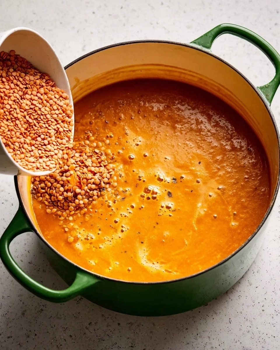 A deep white bowl filled with a thick soup that has a rich orange-brown base with visible lentils and small pieces of diced carrot scattered throughout. Swirls of wilted green spinach leaves are mixed into the soup, and there are light sprinkles of finely grated cheese and chopped fresh green herbs on top, along with small red chili flakes adding a touch of color. Around the bowl are torn pieces of light brown, crusty bread with a soft inside. The scene is set on a white marbled surface with a glass of dark red liquid placed near the upper right side. Photo taken with an iphone --ar 4:5 --v 7