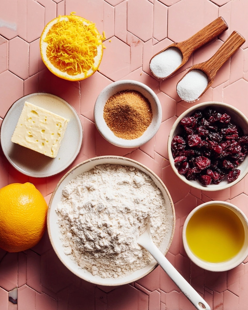 A flat lay of baking ingredients arranged on a pink hexagonal tiled surface, with a white bowl filled with flour and a white spoon resting inside near the bottom center. To the left is a small white plate holding a large square piece of cream cheese, and above it sits another small white bowl filled with bright orange lemon zest. Three wooden-handled measuring spoons lie horizontally near the top, filled with white baking powder, brown sugar, and cinnamon. Near the center right is a small white bowl piled high with dark red dried cranberries. A white bowl with golden liquid, likely melted butter or oil, is to the right of the flour bowl. The edges of a halved orange and a whole yellow lemon peek into the frame from the left and right sides. The whole setup is crisp and colorful, with a warm and inviting feeling. Photo taken with an iphone --ar 4:5 --v 7