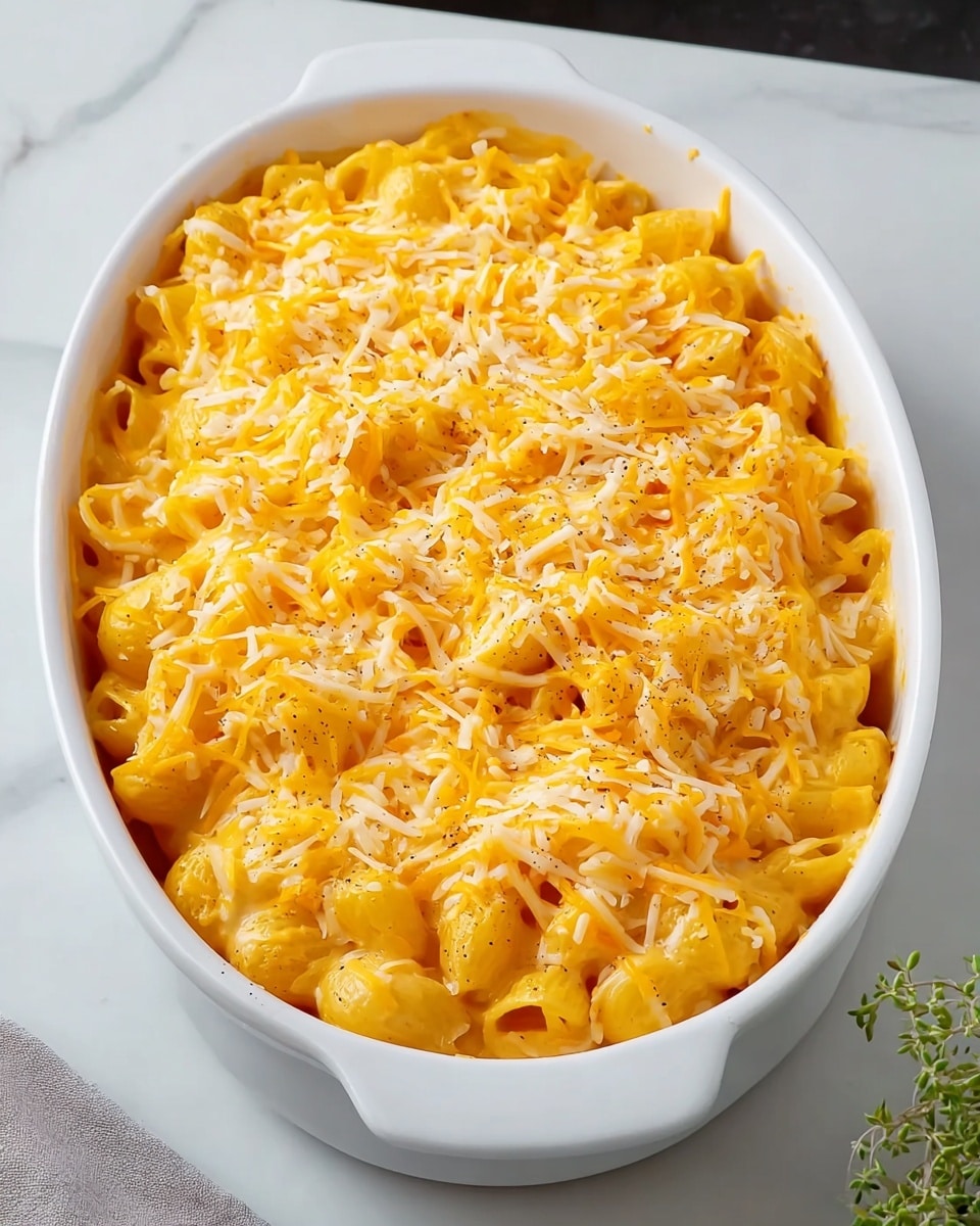 The image shows a white oval dish full of baked macaroni and cheese with a golden-brown crust on top, including slightly darker browned spots and a few small green garnish leaves. Inside the dish, the macaroni is creamy and orange, with visible small pasta curves beneath the crispy top layer. A wooden spoon is scooping some macaroni out from the right side of the dish. Below it, there is a white bowl filled with the same bright orange creamy macaroni, also topped with green garnish. In the background, two small white flower-shaped dishes contain reddish pickled vegetables and sliced green onions. Everything is set on a white marbled surface with a soft, light cloth nearby. photo taken with an iphone --ar 4:5 --v 7