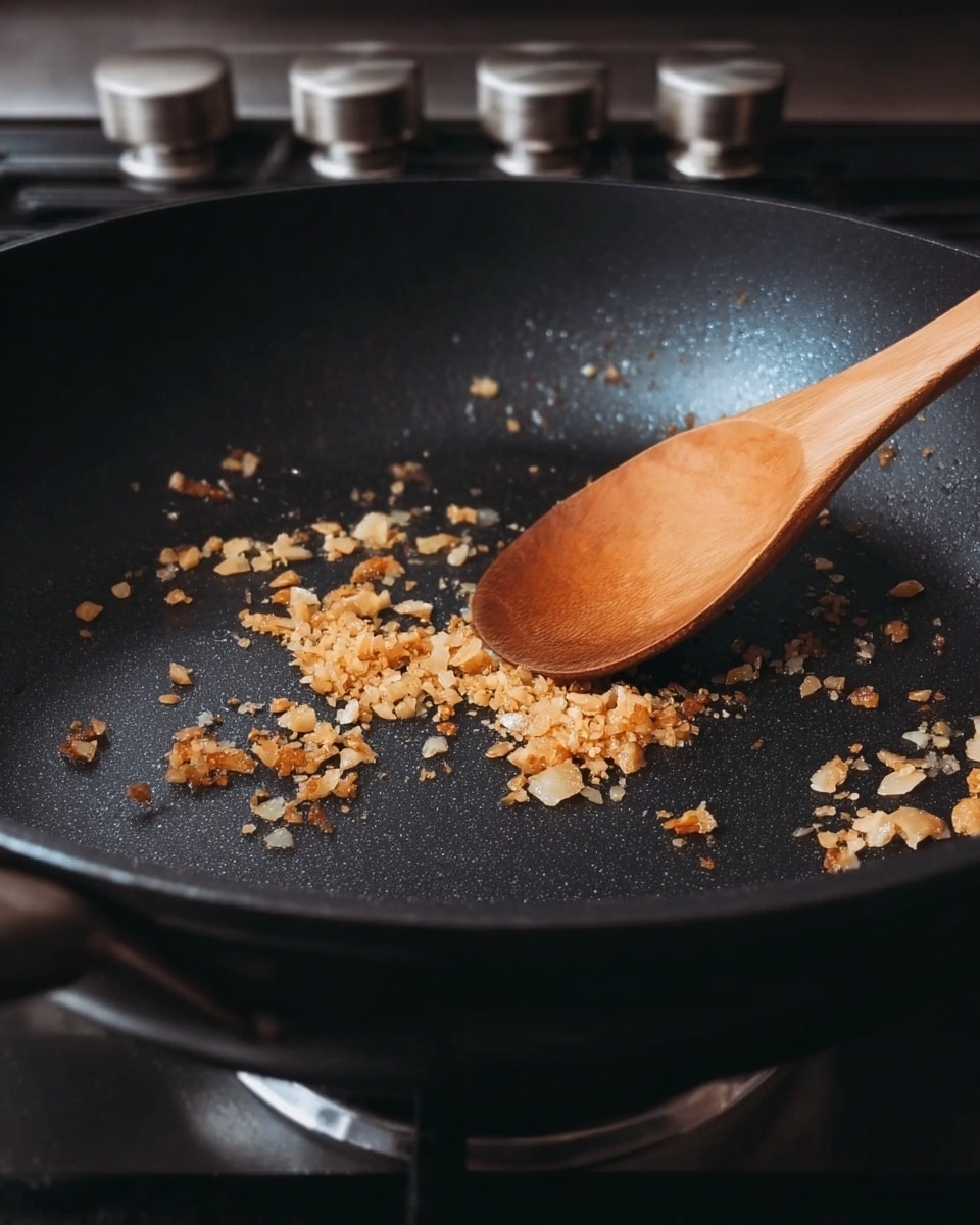 A close-up view of a black frying pan on a stove with small pieces of light brown toasted minced garlic scattered inside. A wooden spoon with a smooth texture is resting on the right edge of the pan, slightly touching the garlic. The background includes some metallic stove parts with a blurred effect. photo taken with an iphone --ar 4:5 --v 7