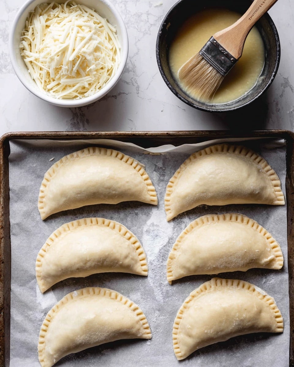 A round wooden board filled with golden brown empanadas arranged in a slightly overlapping circle, each empanada showing a crimped edge texture and sprinkled with small green herb pieces and grated cheese. One empanada is cut open to reveal a white and red filling inside. A small black scalloped dish on the board holds a reddish dipping sauce topped with green herbs. The board rests on a white marbled surface with festive elements around like pine branches, red ornaments, and a beige cloth. Photo taken with an iphone --ar 4:5 --v 7
