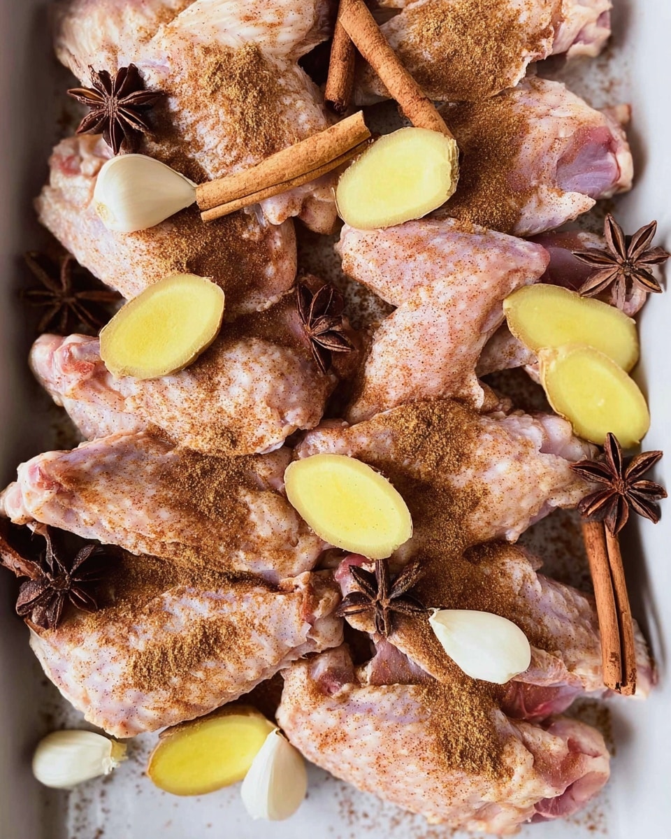 The image shows raw chicken wings laid out close together in a white tray on a white marbled surface. The wings have a light pink color with a dusting of brown spice powder evenly spread on top. Around the wings, there are slices of fresh yellow ginger, small white garlic cloves, whole star anise pods with a dark brown color, and several cinnamon sticks stacked in pairs. The spices and garlic are scattered across and between the chicken wings, creating a layered look with rough and smooth textures. Photo taken with an iphone --ar 4:5 --v 7
