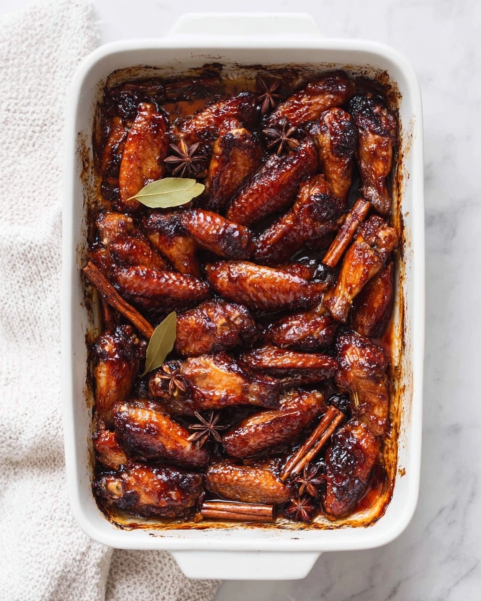 A white plate holds a pile of glazed dark brown chicken wings layered unevenly, some wings showing a shiny caramelized texture. The wings are garnished with small chopped red chili pieces and thinly sliced green onions scattered on top. Around the wings are whole star anise pods and fresh green cilantro leaves adding color contrast. Lime wedges with a light green color sit at the edges of the plate. The plate is lined with crumpled parchment paper, all set on a white marbled surface. photo taken with an iphone --ar 4:5 --v 7