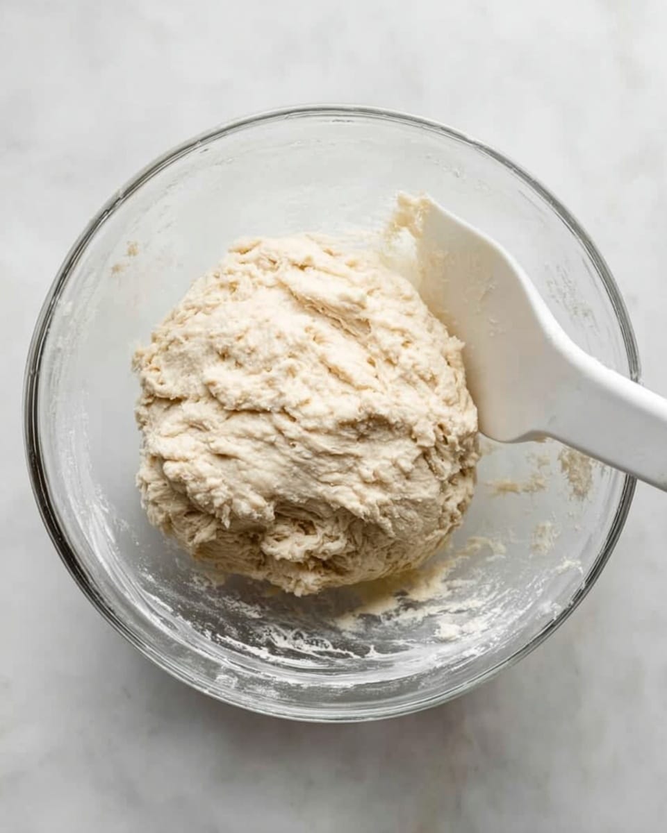 A clear glass bowl contains a ball of light beige dough with a rough, slightly lumpy surface texture, positioned in the center. A white plastic spatula leans against the side of the bowl, partially submerged in the dough. The background and surface are white marble, with soft lighting highlighting the dough's uneven texture. photo taken with an iphone --ar 4:5 --v 7