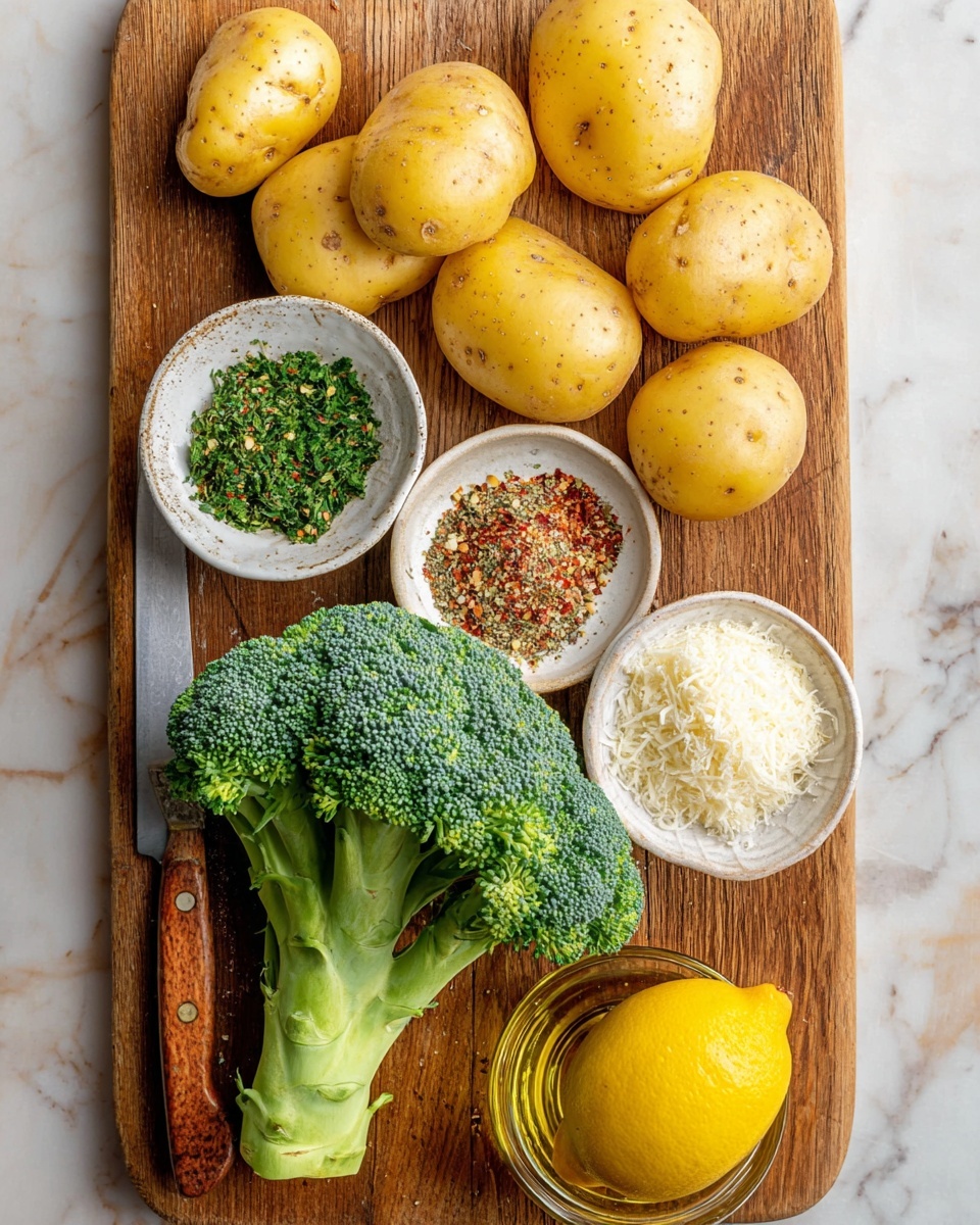 A white bowl holds a seasoning mix with a base layer of golden yellow olive oil, topped with a thick layer of dark green and black mixed dried herbs and small red chili flakes scattered throughout. A silver spoon rests inside the bowl on the right side, partly submerged in the seasoning. The bowl is placed on a wooden board, and two yellow potatoes are placed near the top left side of the image. The background has a white marbled texture. Photo taken with an iphone --ar 4:5 --v 7
