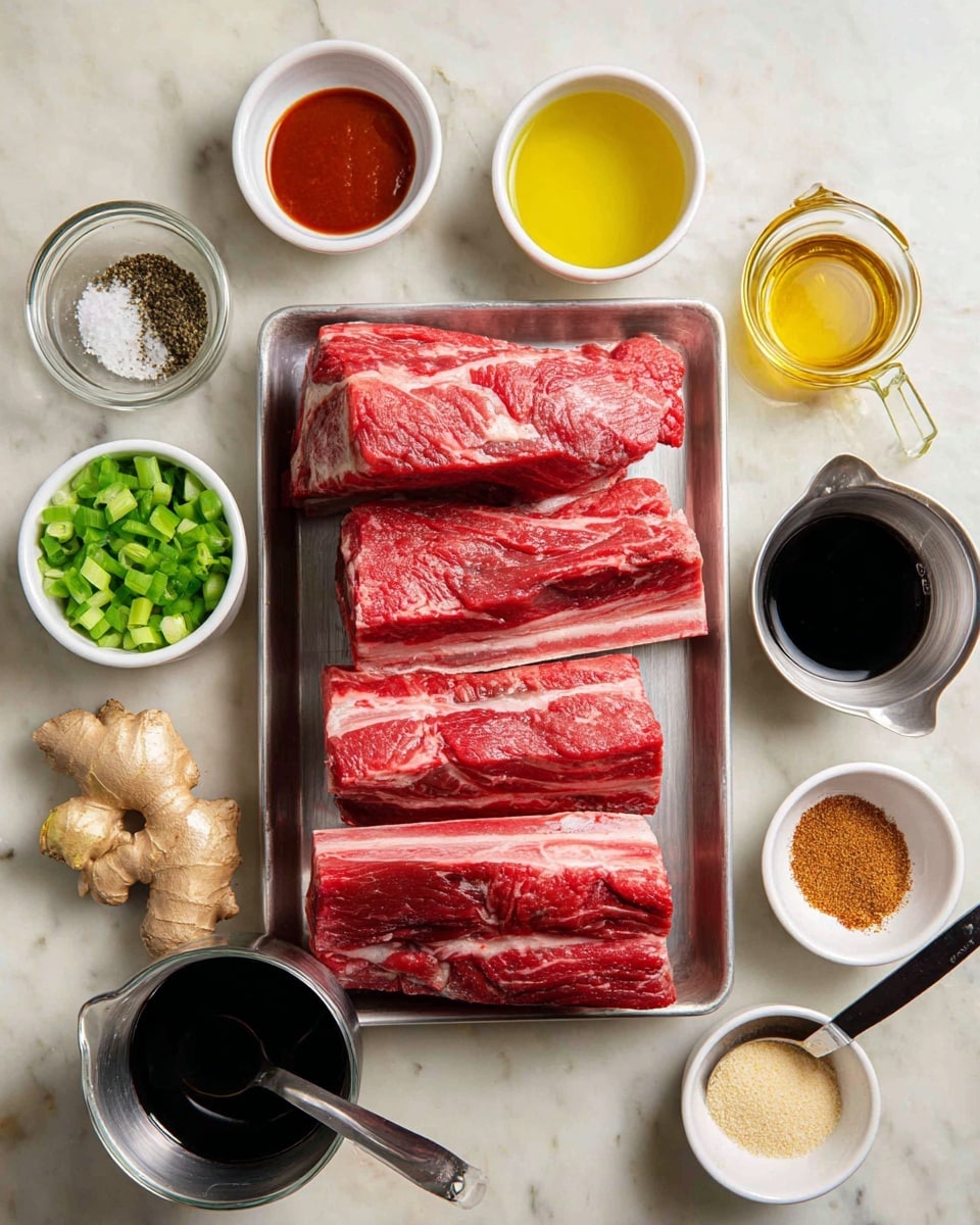 The image shows a metal tray placed on a white marbled surface, holding six pieces of raw beef ribs with visible layers of red meat and white fat marbling. Around the tray, there are several small white bowls and metal cups with different ingredients: chopped green onions, a dark soy-like liquid, a clear yellow liquid, cracked black pepper and salt mixture, brown sugar in measuring spoons, a reddish chili sauce, a light creamy paste, fresh ginger pieces, and another dark liquid in a glass measuring cup. All items are neatly arranged, highlighting the raw meat in the center. Photo taken with an iphone --ar 4:5 --v 7