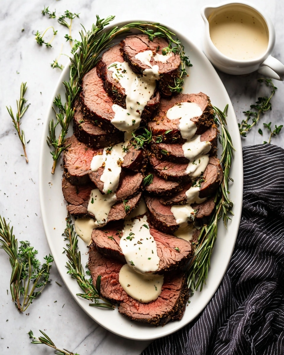 A white oval plate holds several thick slices of cooked beef, arranged overlapping each other in two layers; the beef is dark on the edges with a reddish-pink inside, showing a tender texture. Creamy white sauce with specks of herbs is drizzled unevenly over many slices, pooling slightly on the plate. Fresh green rosemary and thyme sprigs are placed on top and around the beef slices, adding a touch of bright green color and texture. To the upper right of the plate, a white small cup filled with more creamy sauce is partially visible. The whole scene is set on a white marbled surface with scattered herbs and a dark striped cloth partially visible on the right side. photo taken with an iphone --ar 4:5 --v 7