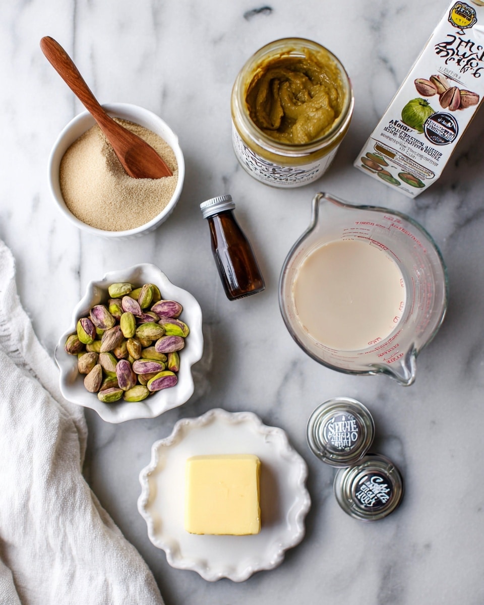 The image shows several ingredients placed on a white marbled surface. On the left, there is a small round white bowl containing light brown sugar and above it, a jar with thick greenish mustard and a wooden spreader inside. Beside the mustard jar, there is a small dark brown bottle. To the right, a clear measuring cup holds a pale beige liquid. Above this cup, a white scalloped bowl is filled with a mix of greenish and purplish nuts, likely pistachios. Near the bottom center, a small round white plate holds a square piece of pale yellow butter. At the bottom right corner, there are two single-serve coffee pods labeled Cafe Bustelo. In the top center background, a carton of oat milk is slightly blurred. A white cloth is partially visible on the bottom left edge. Photo taken with an iphone --ar 4:5 --v 7