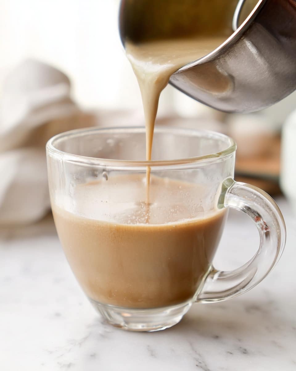 A clear glass mug filled with a light brown coffee drink has a thick layer of white foam on top, scattered with small green and brown nut pieces. A silver spoon rests inside the mug on the left side. The mug sits on a white marbled surface with some green leaves blurred in the background and a few nuts scattered around the base of the mug. photo taken with an iphone --ar 4:5 --v 7
