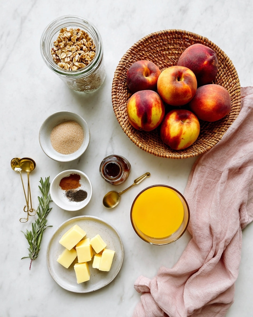 The image shows ingredients neatly placed on a white marbled surface. There is a woven basket full of six ripe nectarines with red and yellow skin on the top right. To the top left, a clear glass jar is filled with granola. Below the jar, a small white bowl holds two light brown sugar piles. Near the center-left are three small containers with ground spices: black pepper, cinnamon, and another brown spice. A few gold measuring spoons lie near the spices. A small green sprig of rosemary is placed below. To the bottom right, a white plate has four yellow butter cubes, next to a small glass cup filled with bright orange juice and a small brown bottle. A pale pink cloth is draped on the lower right side. Photo taken with an iphone --ar 4:5 --v 7