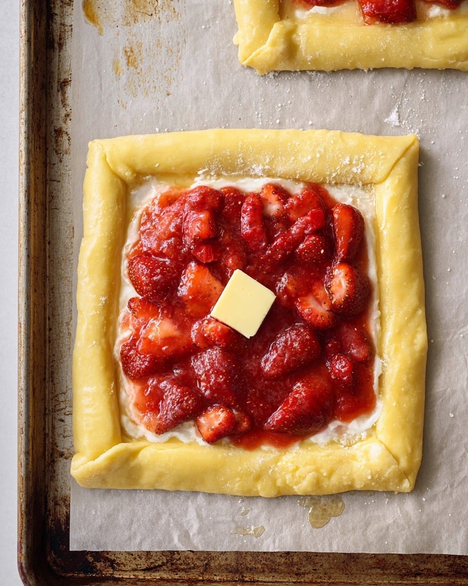 The image shows a square pastry with a thick yellow dough border folded up around the edges, sitting on parchment paper on a baking tray. Inside the border, there is a white layer of dough topped with a thick, glossy red strawberry mixture that includes whole and soft strawberries. On top of the strawberries, near the center, there is a small cube of yellow butter. The baking tray has a worn metal look and the parchment paper underneath is slightly wrinkled with some shiny spots from the butter. Photo taken with an iphone --ar 4:5 --v 7
