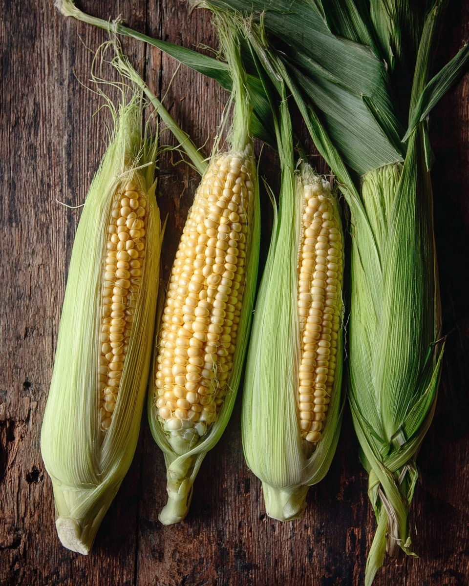Four ears of corn lie side by side on a dark wooden surface. Three of the ears have their husks partly peeled back, showing rows of plump, yellow kernels, while one ear is fully covered in fresh green husks and light corn silk. The textures contrast between the smooth kernels and the fibrous, light green husk leaves that spread out around the corn. The image has a natural and rustic look. photo taken with an iphone --ar 4:5 --v 7