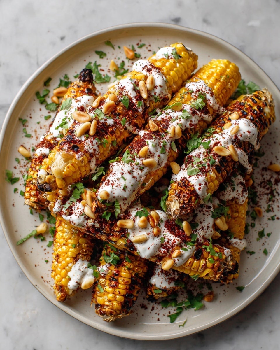 A white plate filled with several pieces of grilled corn, each piece showing a golden yellow color with slight charring. On top of the corn, there are thick dollops of white creamy sauce and dark red chili powder sprinkled generously. Scattered across the corn are small, light tan pine nuts and finely chopped green herbs. The plate is placed on a white marbled surface. photo taken with an iphone --ar 4:5 --v 7