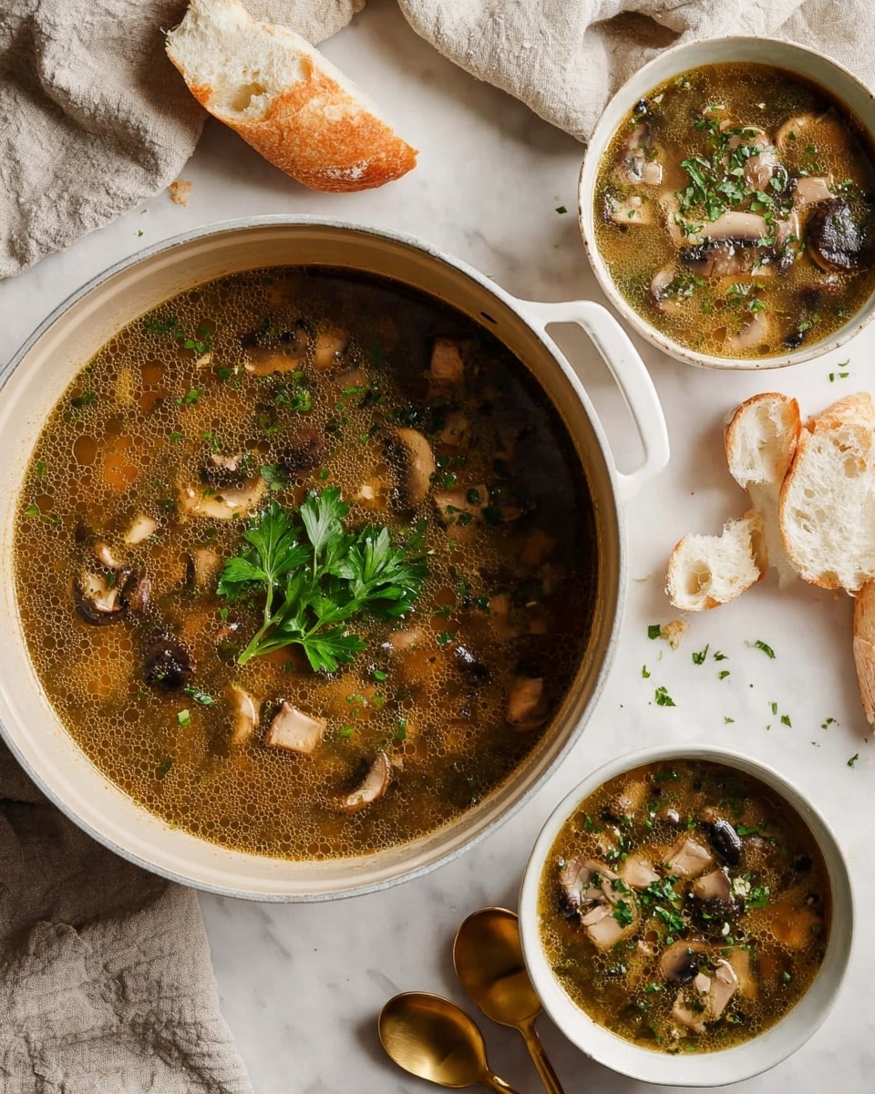 The image shows a large white pot filled with a clear brown broth soup containing chunks of light beige mushrooms and small dark mushrooms, topped with fresh green parsley leaves in the center. Near the top right is a white bowl with a similar mushroom soup, garnished with chopped green herbs. There is a light beige cloth under the pot and bowl resting on a white marbled surface. To the right are two gold-colored spoons placed on another beige cloth, while pieces of torn bread with soft, white interior are scattered at the top and bottom left of the frame. Photo taken with an iphone --ar 4:5 --v 7