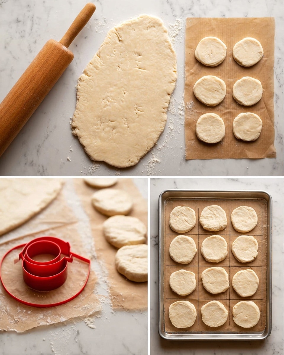 A three-part image shows the process of making dough rounds. The first part shows a large, uneven oval of light beige dough on a white marbled surface with a wooden rolling pin on the left side. In the second part, the same dough is partially cut into twelve even round shapes using a red circular cutter, leaving some dough between the rounds, the rolling pin still on the left. The third part shows a metal baking sheet lined with small square pieces of brown parchment paper, each holding a single round piece of dough, arranged in a grid with four in the top row and three in the second and third rows. photo taken with an iphone --ar 4:5 --v 7