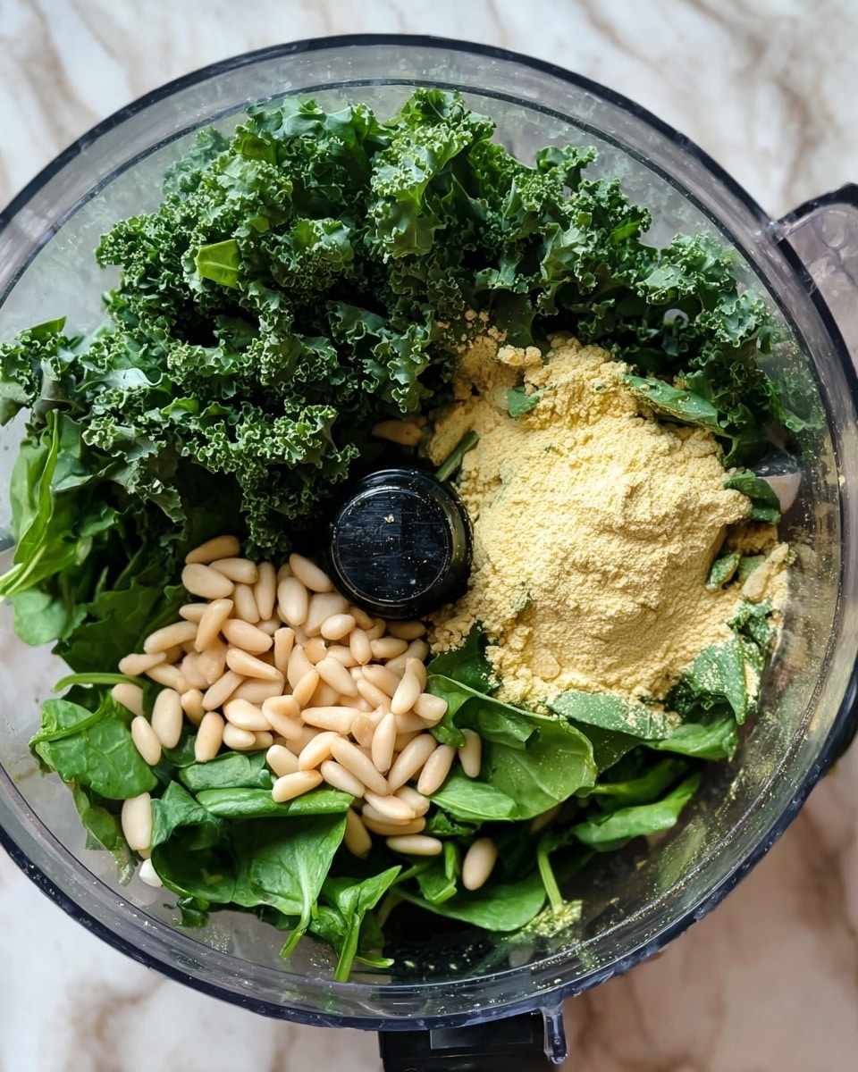 A clear food processor bowl with several layers inside: bright green curly kale leaves spread on two sides with fresh green spinach leaves on the right, a light yellow powder piled in the front center, and a cluster of pale beige pine nuts scattered mainly on the left side. The background is a white marbled texture. Photo taken with an iphone --ar 4:5 --v 7