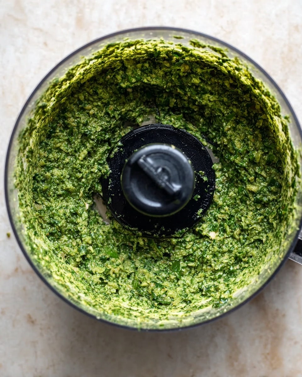 The image shows a close-up top view of a food processor bowl filled with a thick, green sauce or paste. The sauce has a coarse, textured mix of finely chopped leafy greens blended with a creamy component, creating a mix of bright and dark green shades throughout. The black central blade and part of the food processor’s base are visible in the middle, surrounded by the vibrant green mixture. The food processor bowl is clear, showing the vivid green layers inside. The scene is set on a white marbled surface. photo taken with an iphone --ar 4:5 --v 7
