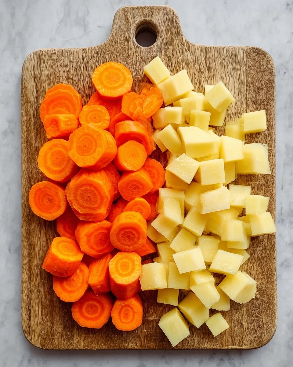 This image shows a wooden cutting board placed on a white marbled surface. On the top half of the board, there are thick slices of bright orange carrots arranged in a loose pile, with visible circular patterns in each piece. On the bottom half, there are light yellow cubed pieces of squash or potato, evenly cut and grouped together. The wooden board has a small handle at the top, and the colors of the vegetables contrast well with the natural brown of the wood. photo taken with an iphone --ar 4:5 --v 7