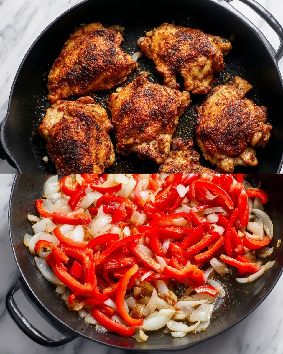 A black skillet contains four pieces of cooked, seasoned chicken thighs with a golden-brown and crispy texture layered evenly across the surface. Another black skillet has a layer of diced white onions and sliced red bell peppers cooked lightly, showing a soft, slightly translucent texture with vibrant red strips of pepper scattered on top. Both skillets rest on a white marbled surface. Photo taken with an iphone --ar 4:5 --v 7