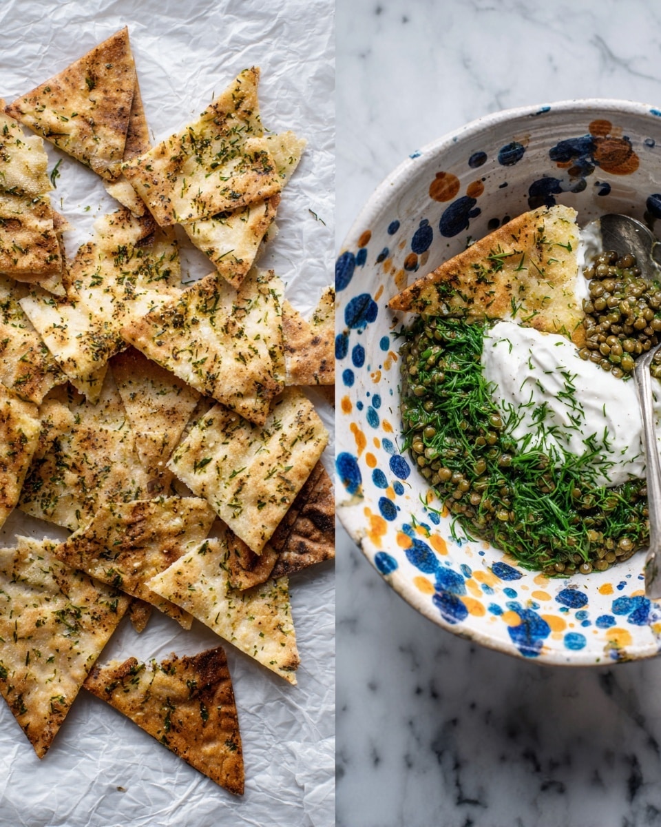 The image shows two parts side by side on a white marbled surface. On the left, there are many triangle-shaped pita chips spread out flat on white parchment paper; these chips are golden brown with grill marks and a slightly rough texture with some herbs sprinkled on top. On the right, there is a round white bowl with colorful blue, orange, and green splattered patterns around the inside. Inside the bowl, there are four layers: at the bottom are green lentils, then a thick creamy white yogurt-like layer on one side, fresh chopped green herbs layered on another part, and a spoon resting inside the bowl next to the ingredients. Photo taken with an iphone --ar 4:5 --v 7