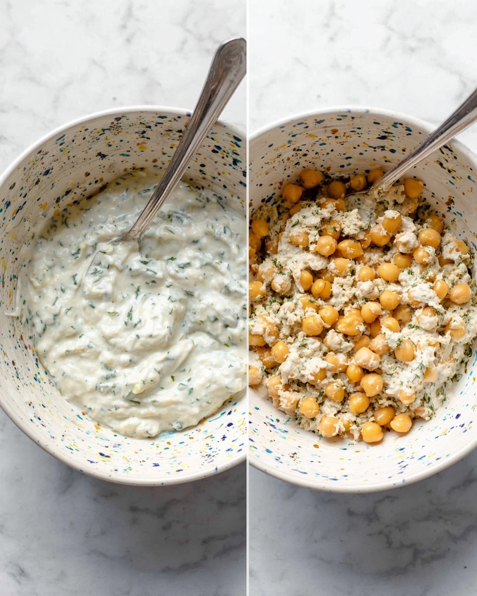 The dish shows two stages inside a white bowl with colorful speckles of blue, yellow, and brown. The first stage is a creamy, thick white sauce with small green herb bits mixed evenly, the texture looks smooth with some small lumps, and a silver spoon stands inside the bowl. The second stage adds a mix of beige chickpeas and light tan crumbled pieces over the sauce, with the sauce partially covering the mix, and the silver spoon remains in the same position. Both bowls sit on a white marbled surface. photo taken with an iphone --ar 4:5 --v 7