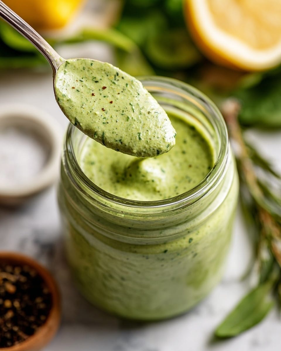 A clear glass jar filled with thick, light green sauce with small dark green and black specks. A spoon covered in the sauce is held above the jar, showing the smooth but slightly textured surface. The background has blurred objects including green leaves, a lemon slice, and a white bowl with black pepper and coarse salt on a white marbled surface. photo taken with an iphone --ar 4:5 --v 7