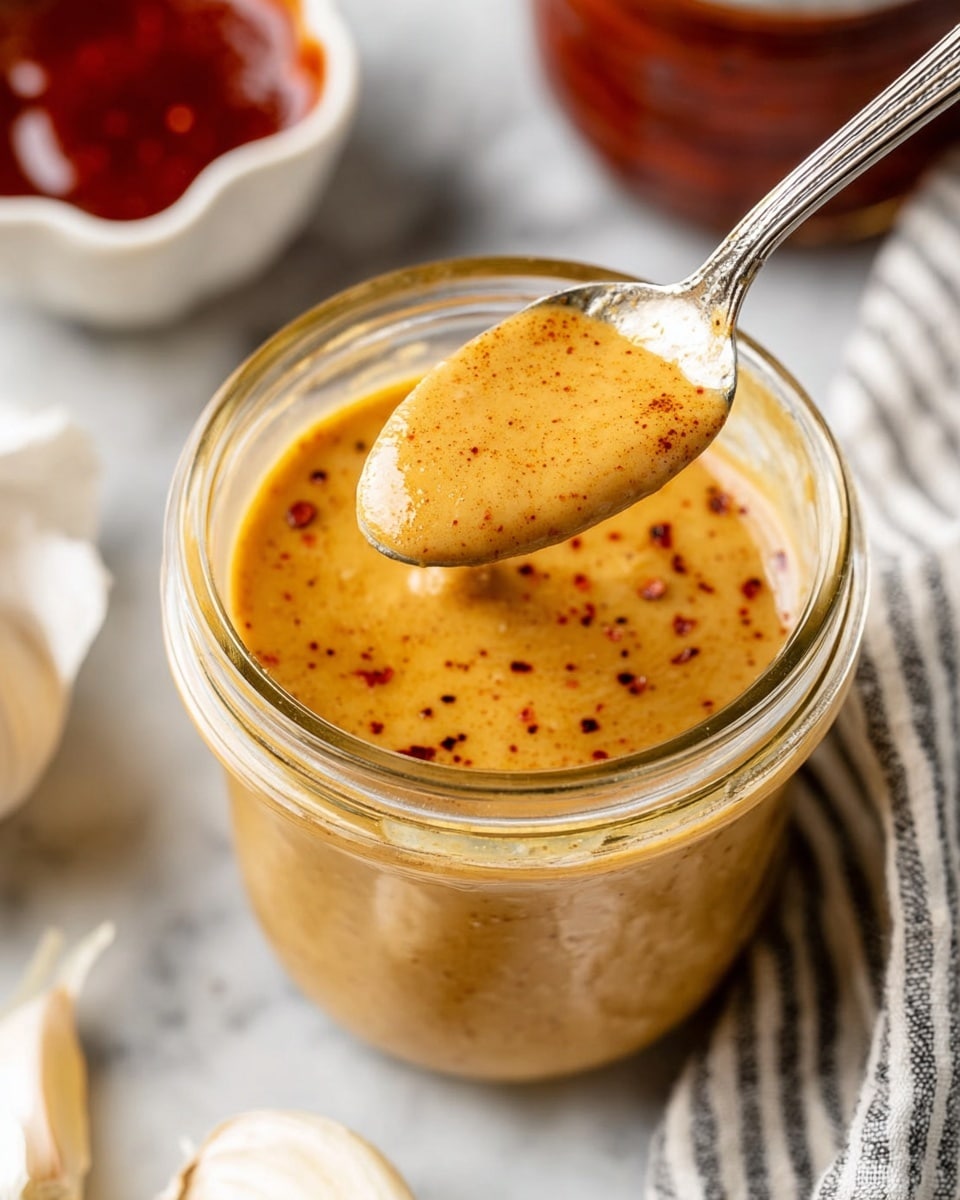 A close-up view of a glass jar filled with smooth, light brown mustard sauce speckled with tiny dark red and black spices. A silver spoon is dipped into the jar, showing a thick dollop of the mustard sauce resting on it. In the background, there are glimpses of a white marbled surface, a white dish with a garlic bulb, an open jar of red sauce, and a striped cloth napkin nearby. The scene has soft natural light highlighting the shiny texture of the sauce and the glass jar. photo taken with an iphone --ar 4:5 --v 7