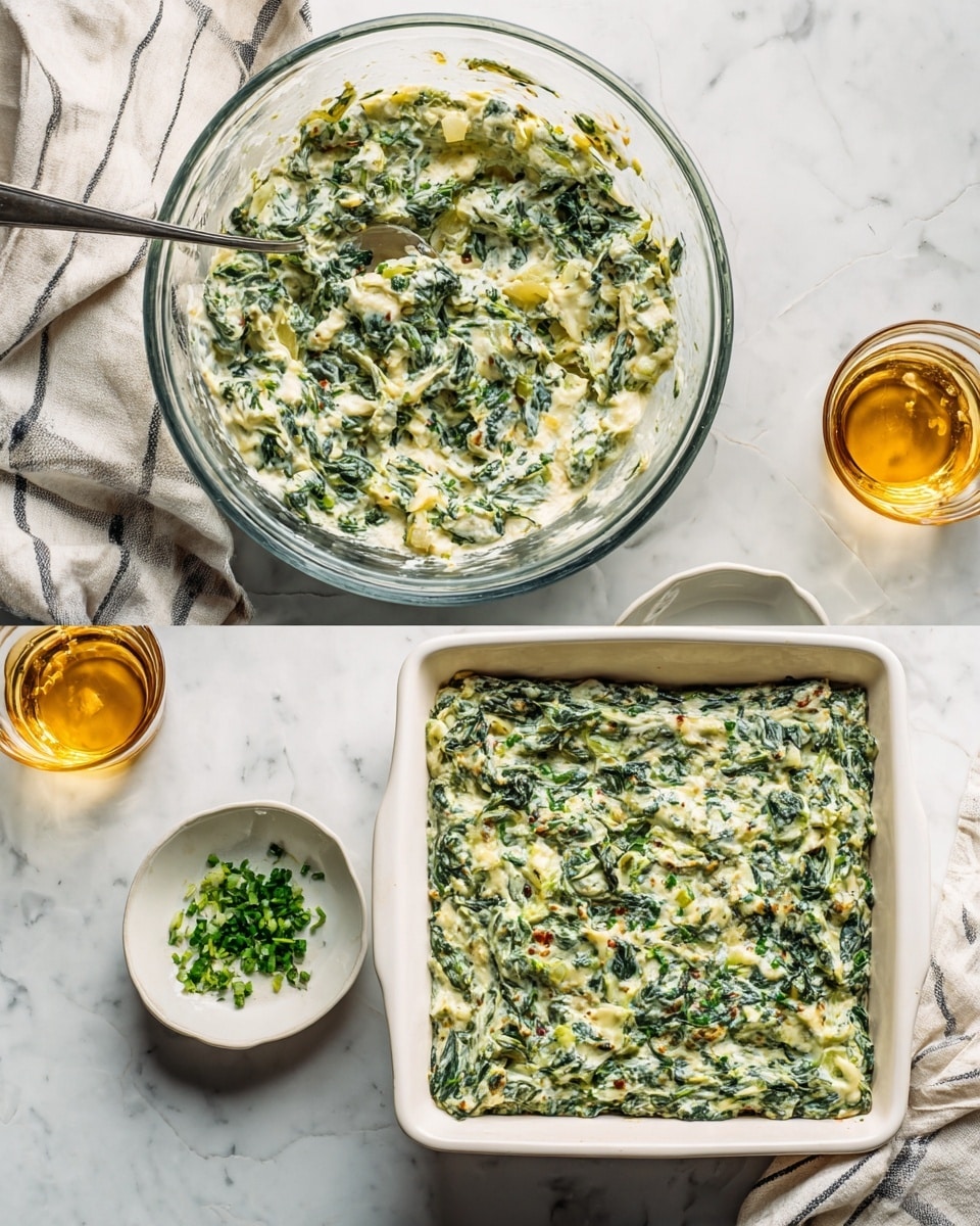 The image shows two views of a creamy spinach dip. On the left, a clear glass bowl is filled with a mix of bright green spinach leaves, white creamy sauce, and small bits of pale yellow cheese or onion, with a spoon resting inside. Around the bowl, there is a small white bowl of chopped green herbs and a clear glass of golden liquid on a white marbled surface. On the right, the same spinach mixture is spread evenly in a white square baking dish set on the same white marbled surface, with a white and gray striped cloth and the small bowl of herbs and glass of liquid partially visible nearby. The texture looks smooth with leafy bits spread throughout, showing a creamy, soft top layer. photo taken with an iphone --ar 4:5 --v 7