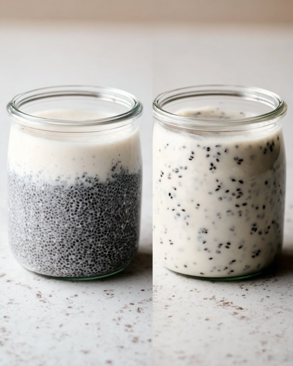 The image shows two small clear glass jars on a white marbled surface. Each jar has two visible layers: the bottom layer is a dense, dark grey mix with tiny black chia seeds, while the top layer is a smooth, creamy white liquid with dispersed black chia seeds floating throughout. The jar on the left shows a clearer separation between the two layers, while the jar on the right shows the chia seeds spread evenly in the creamy liquid. Both jars are open at the top, displaying the creamy white layer filled with black specks. Photo taken with an iphone --ar 4:5 --v 7