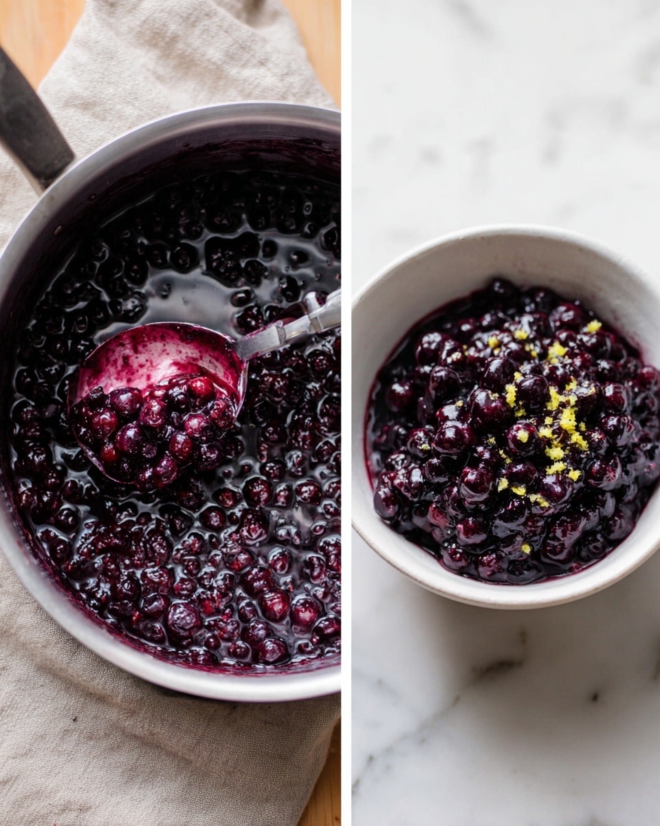 The image shows two photos side by side. On the left, a silver pot filled with dark purple cooked berries with a shiny, wet texture sits on a beige cloth over a white marbled surface. A shiny silver spoon holds a scoop of the cooked berries, showing small, round, soft berry pieces clumped together with some juice dripping. On the right, a white bowl filled with the same dark purple cooked berries topped with a little bit of light yellow zest or small pieces sits on a white marbled surface. The berries look soft and juicy with a slightly glossy appearance. photo taken with an iphone --ar 4:5 --v 7