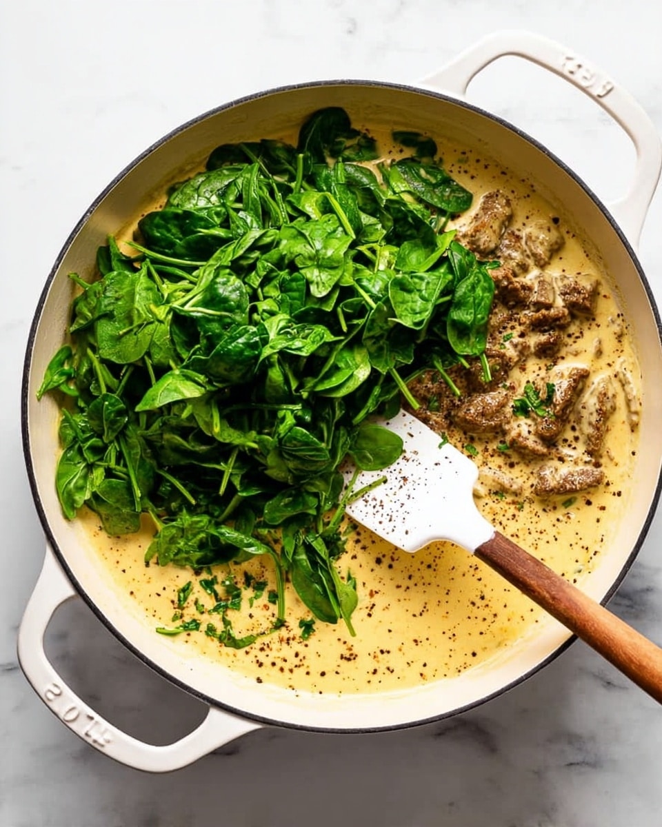 A white bowl filled with about two layers of round ravioli pasta covered in creamy orange sauce with visible green spinach and small pieces of sun-dried tomatoes mixed throughout. The top layer of ravioli is garnished with thin strips of fresh green basil and white shaved cheese in the center, with a light sprinkle of black pepper on top. Two silver forks rest inside the bowl on the bottom right side. The bowl sits on a white marbled surface, with a small wooden bowl of cheese and a small wooden bowl with chopped spinach visible in the top right corner. Photo taken with an iphone --ar 4:5 --v 7