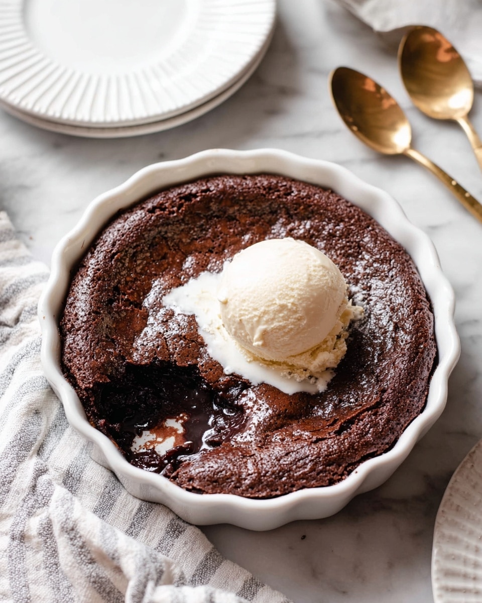 A thick round chocolate dessert with a dark brown cracked top layer is shown in a white fluted ceramic dish. A scoop of creamy off-white ice cream sits on the middle top, starting to melt, with some melted ice cream pooling slightly on the shiny, moist chocolate layer beneath. One small section near the front is missing, revealing a rich, dark, glossy inside. The dish is set on a white marbled surface, surrounded by white plates and bowls with subtle textured edges and gold spoons, with a striped soft cloth beside it. photo taken with an iphone --ar 4:5 --v 7