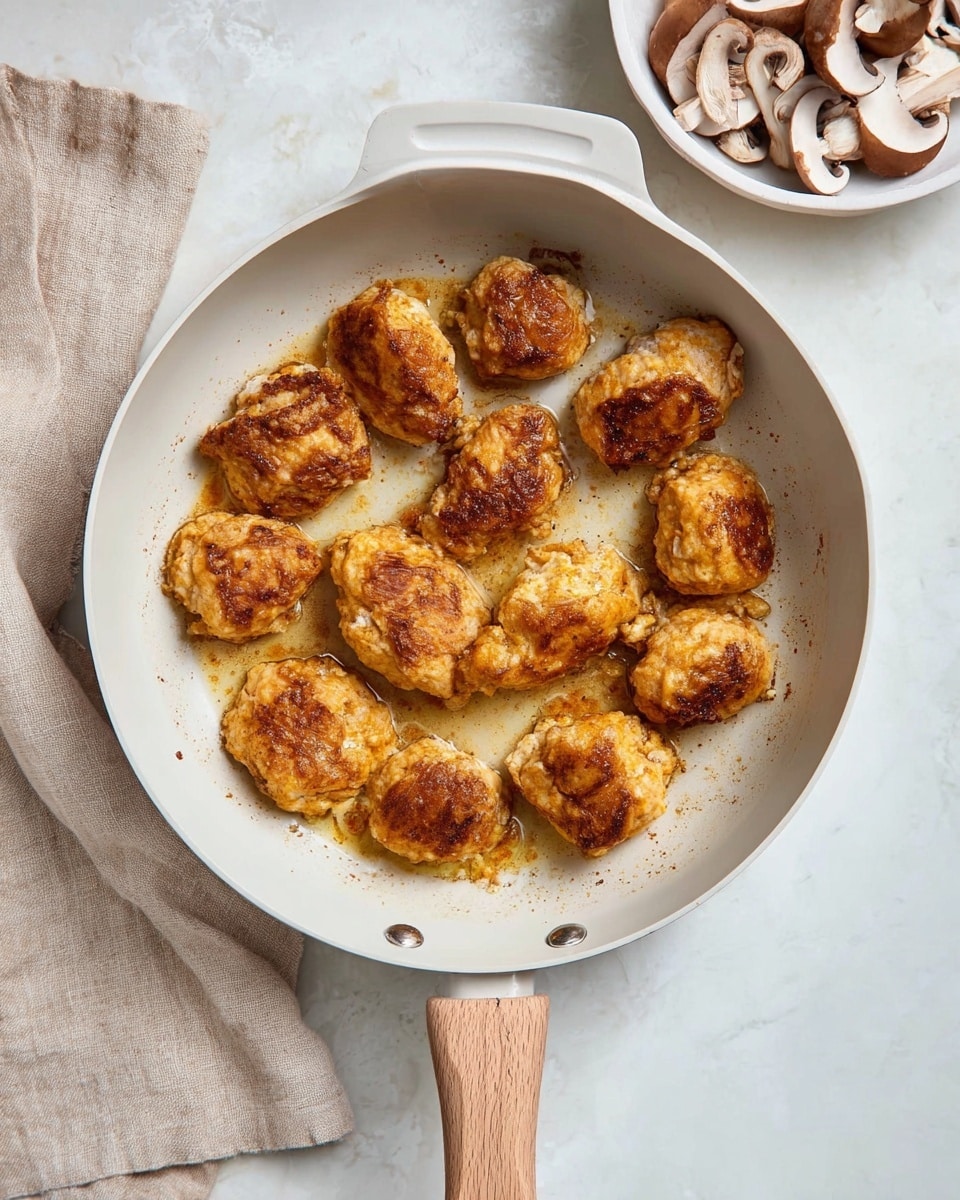 A white pan with light wood handles contains twelve pieces of golden-brown cooked food evenly spread on the surface, showing a crispy texture with some oil spots around them. The pan rests on a white marbled surface with a beige cloth on the lower left side and a white bowl filled with sliced brown and white mushrooms in the upper right corner. photo taken with an iphone --ar 4:5 --v 7