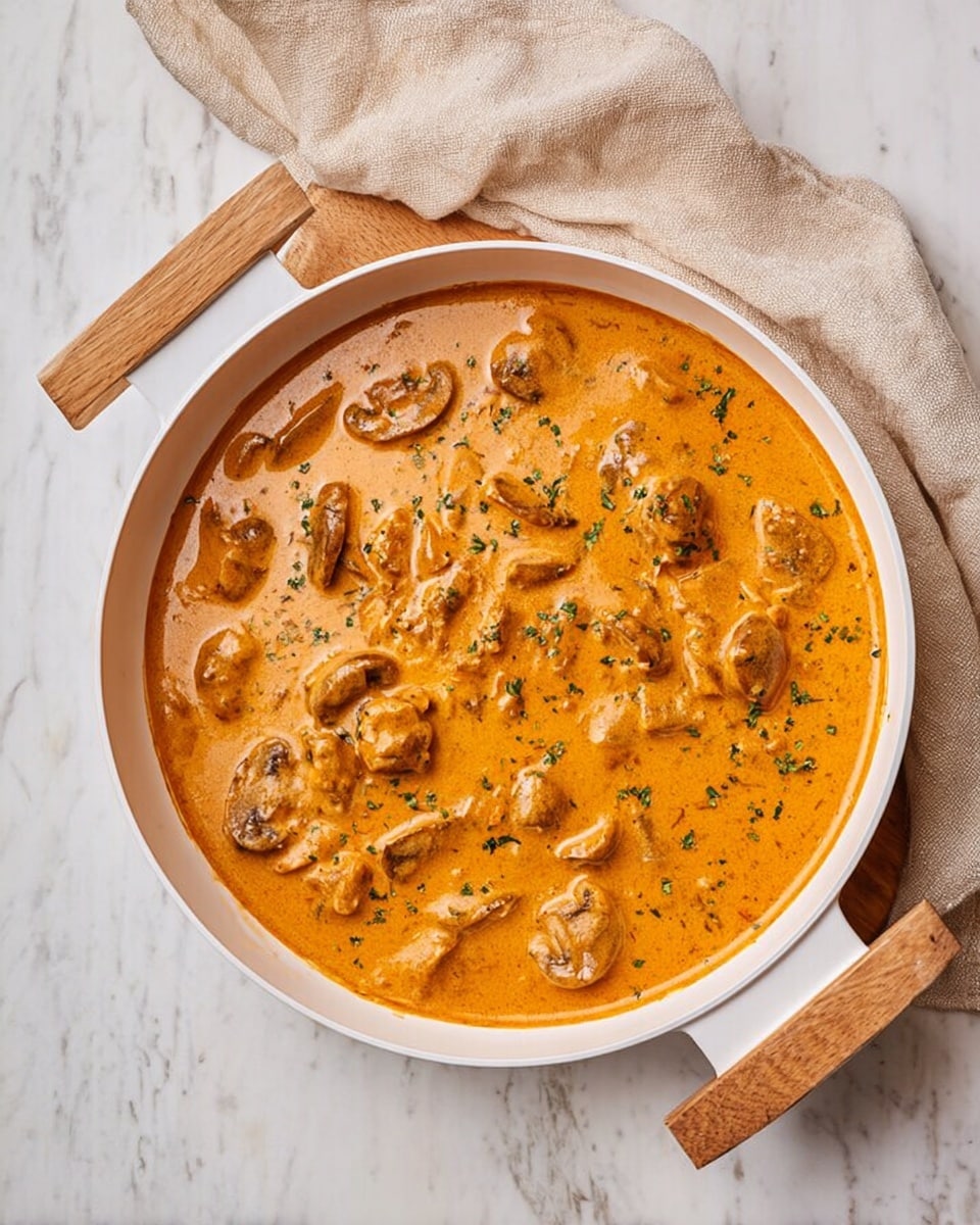 A white pan with wooden handles holds a creamy orange sauce filled with pieces of meat and sliced mushrooms. The sauce has a smooth texture with some herbs sprinkled on top, adding small green dots around the dish. The pan sits on a white marbled surface next to a soft beige cloth. Photo taken with an iphone --ar 4:5 --v 7