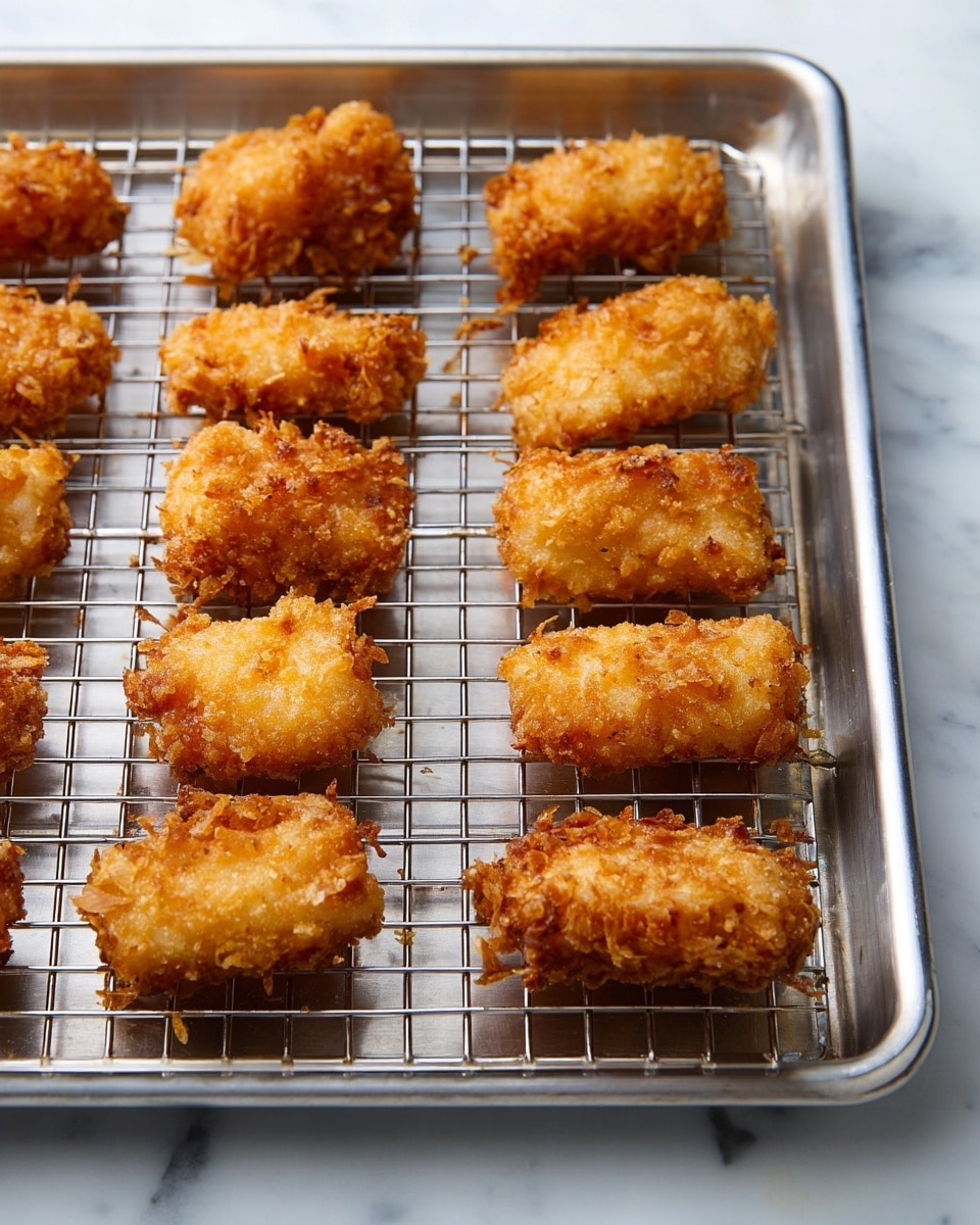 Several small golden-brown crispy fried pieces are arranged neatly in two rows on a metal wire rack placed over a silver baking tray. Each piece has a crunchy texture with some lighter and darker golden spots, showing a well-cooked, crispy outer layer. The metal wire rack and baking tray rest on a surface with a white marbled texture, giving a clean, bright background to the dish. photo taken with an iphone --ar 4:5 --v 7