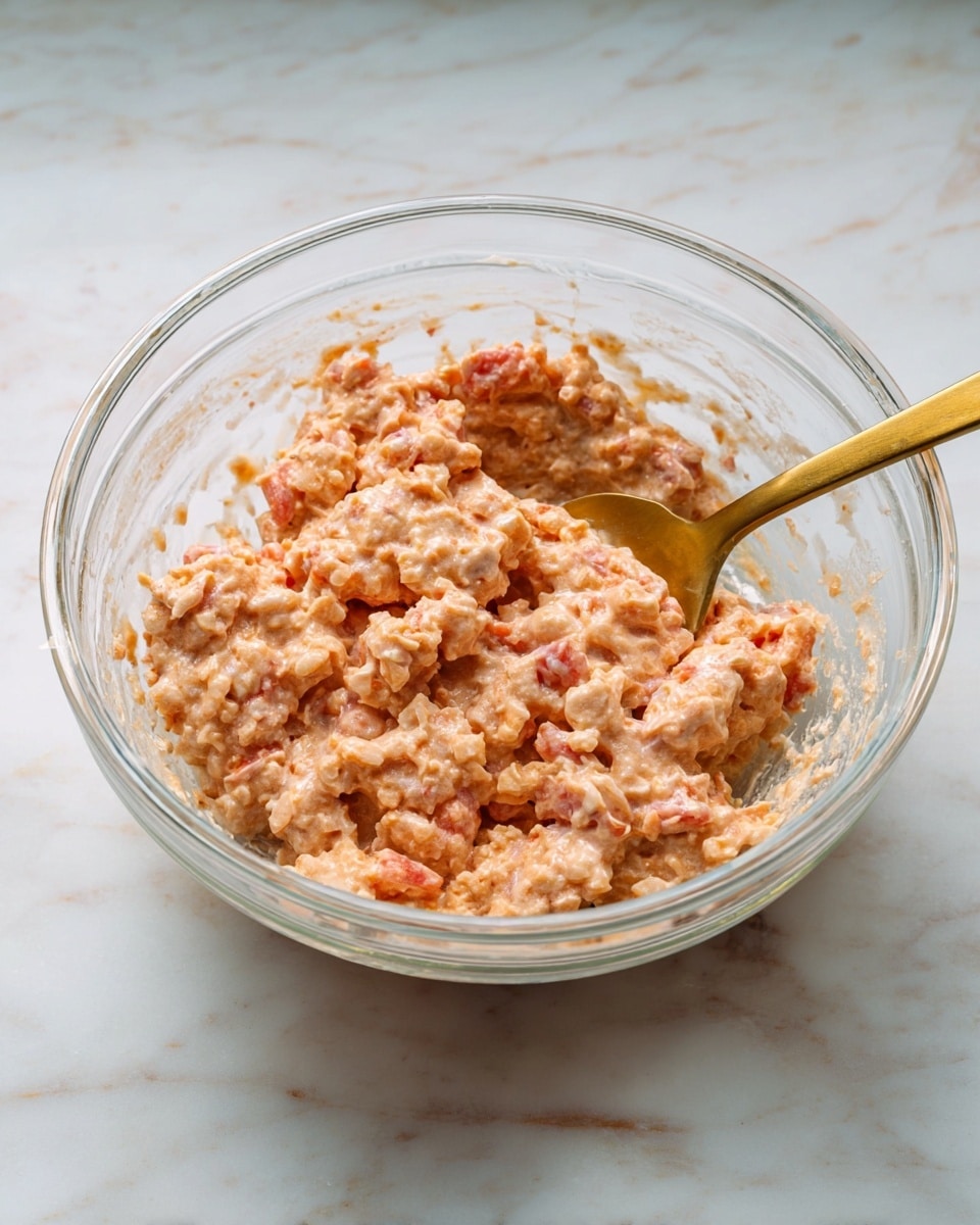 A clear glass bowl sits on a white marbled surface filled with a chunky mixture of light pink and orange pieces coated in a creamy sauce. A golden spoon rests inside the bowl on the right side, partially immersed in the mixture. The texture of the mixture looks soft but uneven, with small pieces clumped together and a slightly glossy finish. The bowl is transparent and shows the mixture well from all angles. Photo taken with an iphone --ar 4:5 --v 7