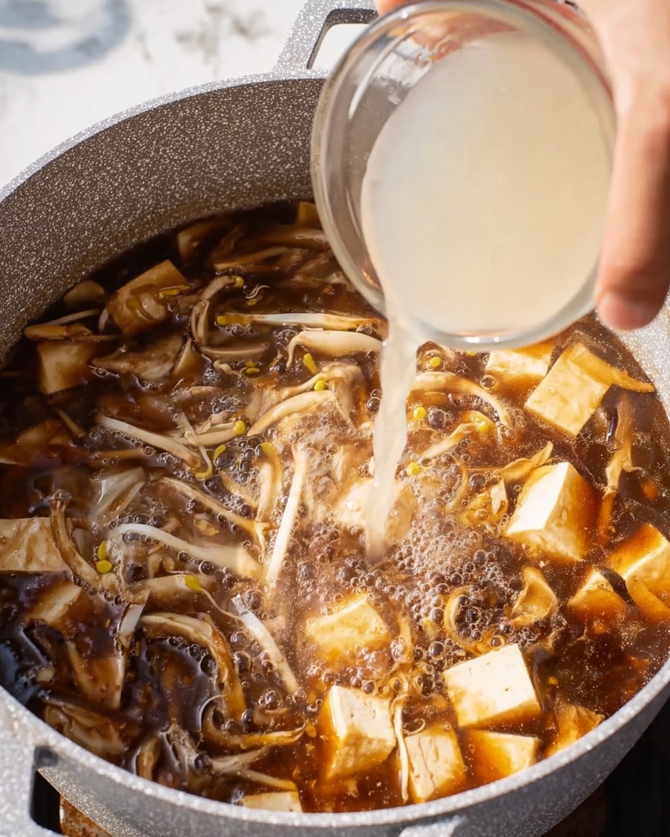 A white bowl filled with a warm soup showing three main layers: the top layer has bright green chopped scallions scattered in the center, the middle layer includes large, soft pale beige tofu cubes evenly spread throughout, and the bottom layer is a rich, clear brown broth with thin, light-colored mushroom strips and dark brown mushroom pieces visible inside. A white ceramic spoon rests inside the bowl on the right side, partially submerged in the soup. The bowl is placed on a white marbled surface, next to a small white bowl filled with more chopped green scallions and a glass with ice cubes. A white cloth napkin with fringes is partially visible under the soup bowl photo taken with an iphone --ar 4:5 --v 7
