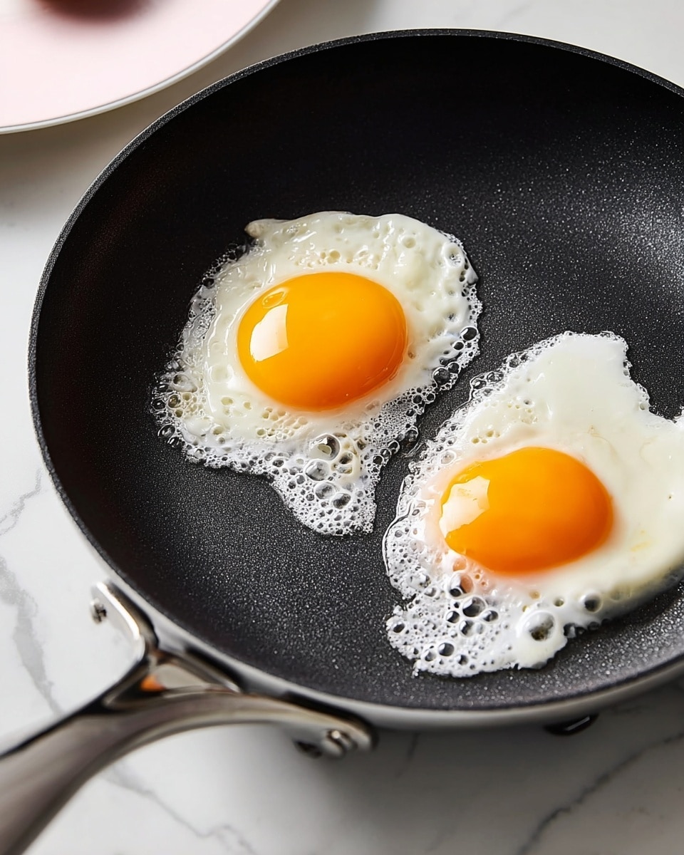 Two sunny-side-up eggs are cooking in a black nonstick pan. The egg whites are shiny and partly set with some small bubbles around the edges, while the yolks are bright orange and smooth, sitting raised in the center of each egg. The pan is on a stovetop over a white marbled surface, and a white plate is slightly visible in the background. The pan’s metal handle is angled away from the viewer. photo taken with an iphone --ar 4:5 --v 7