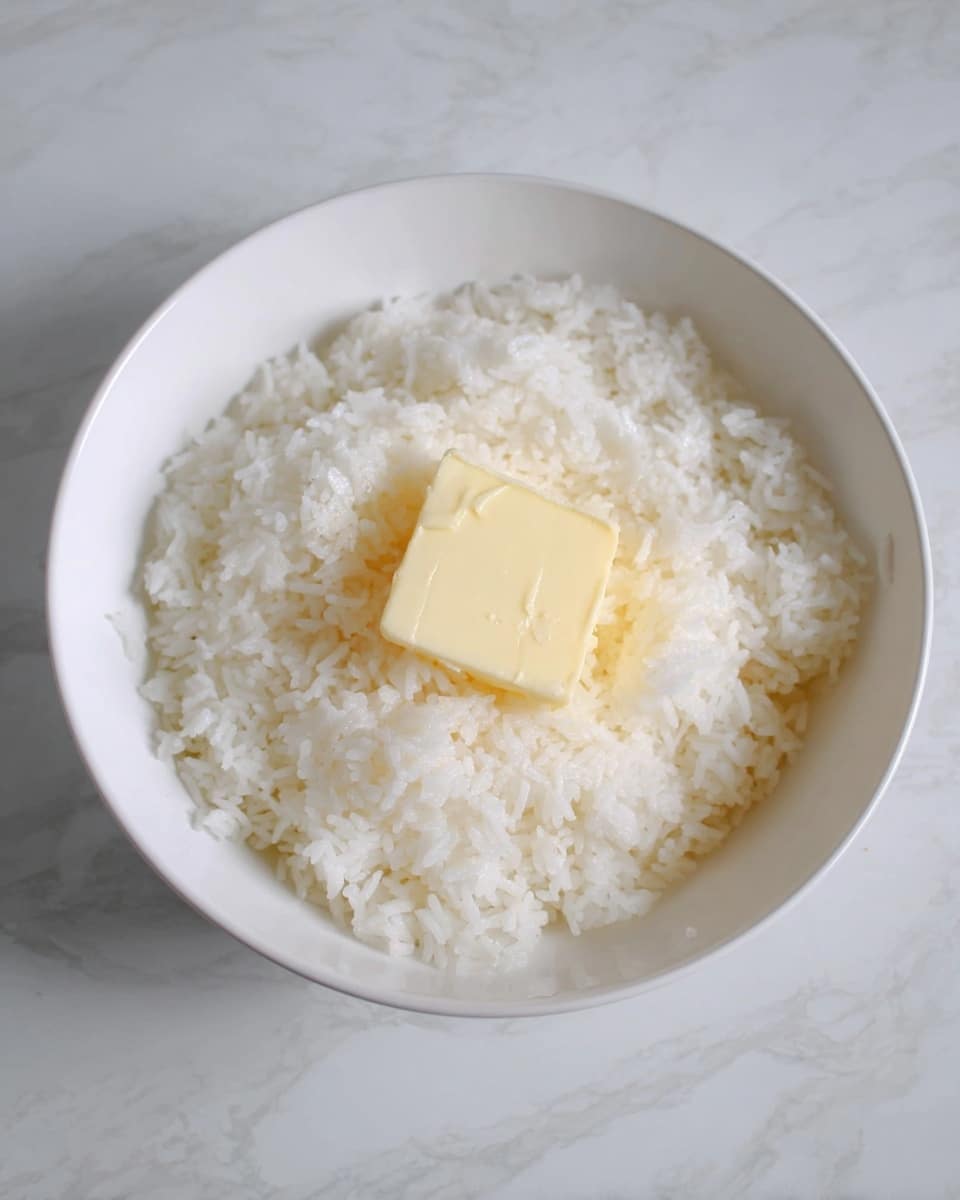 A white bowl filled with a layer of white steamed rice, topped in the center with a square piece of pale yellow butter that has a smooth texture. The bowl sits on a white marbled surface. photo taken with an iphone --ar 4:5 --v 7