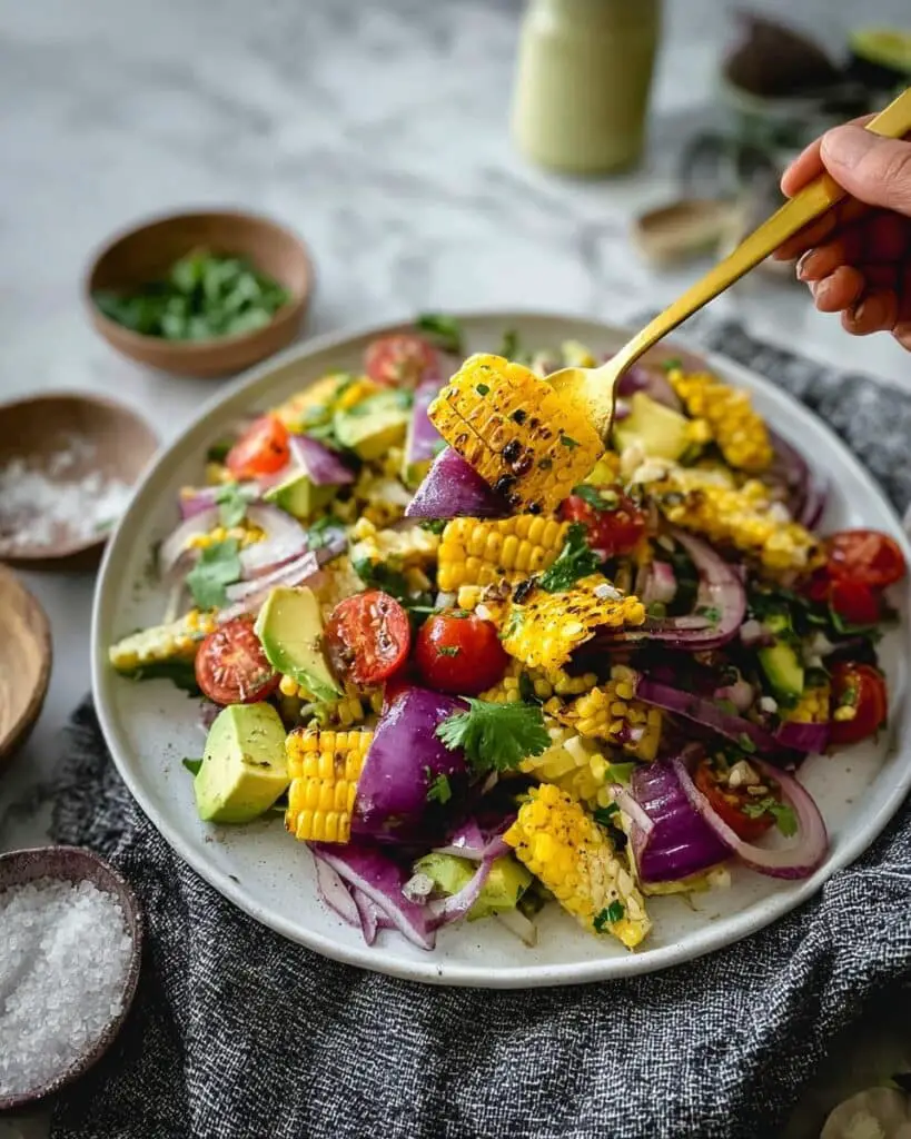 Charred Corn Avocado Salad with Roasted Red Onions Recipe