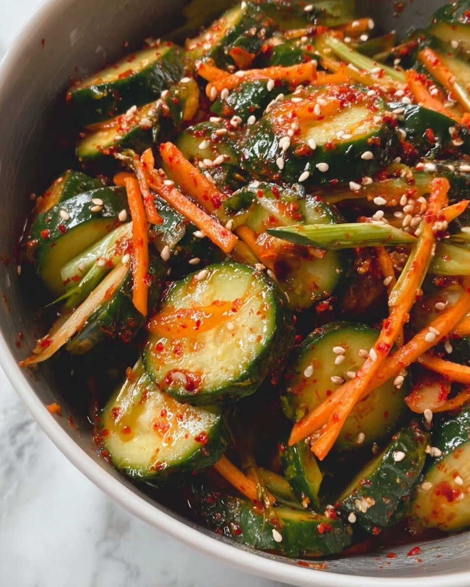 The image shows a close-up view of a cucumber salad in a white bowl placed on a white marbled surface. The salad consists of thick round cucumber slices with dark green skin and light green centers, mixed with thin orange carrot strips and green onion pieces. The vegetables are coated in a reddish-orange sauce with visible chili flakes and sesame seeds sprinkled evenly on top. The textures appear fresh and slightly wet from the sauce, highlighting the shiny cucumber skin and the slightly soft carrots. photo taken with an iphone --ar 4:5 --v 7